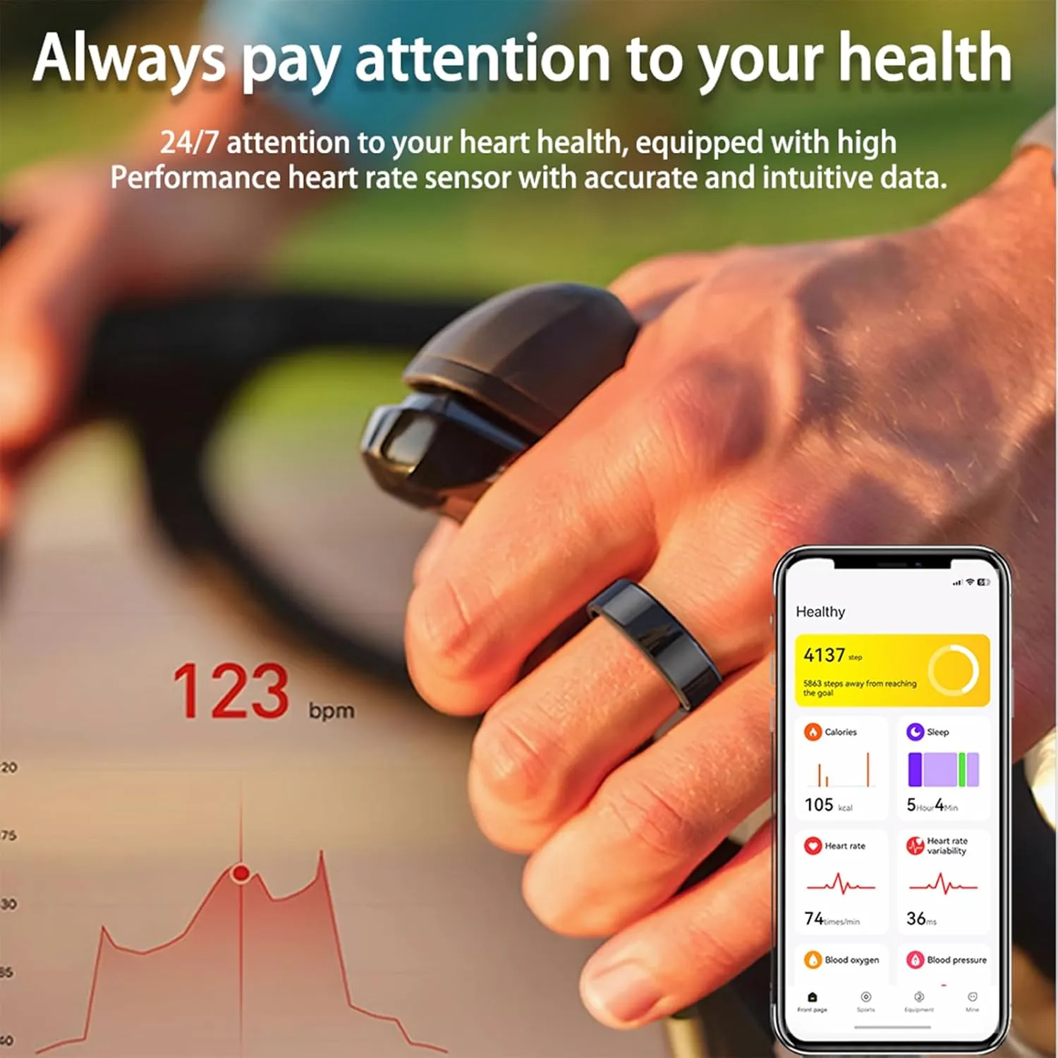 Smart Ring - Health Tracker for Men/Women - Sleep Tracking Wearable - Heart Rate - Fitness Tracker - Blood Oxygen Monitoring - No App Subscription - Up to 5 Days of Battery Life - Black Size 8