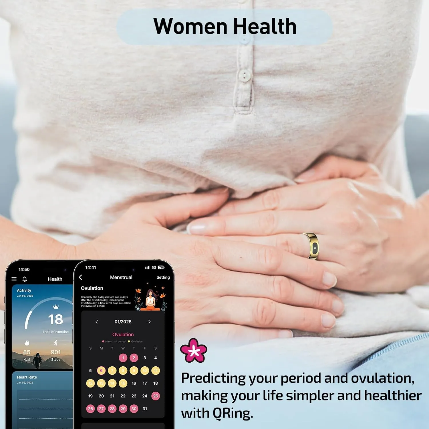 Smart Ring Health Tracker for Women & Men, Fitness Ring with Sleep & Motion Tracking, Touch Control, No Subscription Required, Compatible with iOS & Android (Gold, 7)