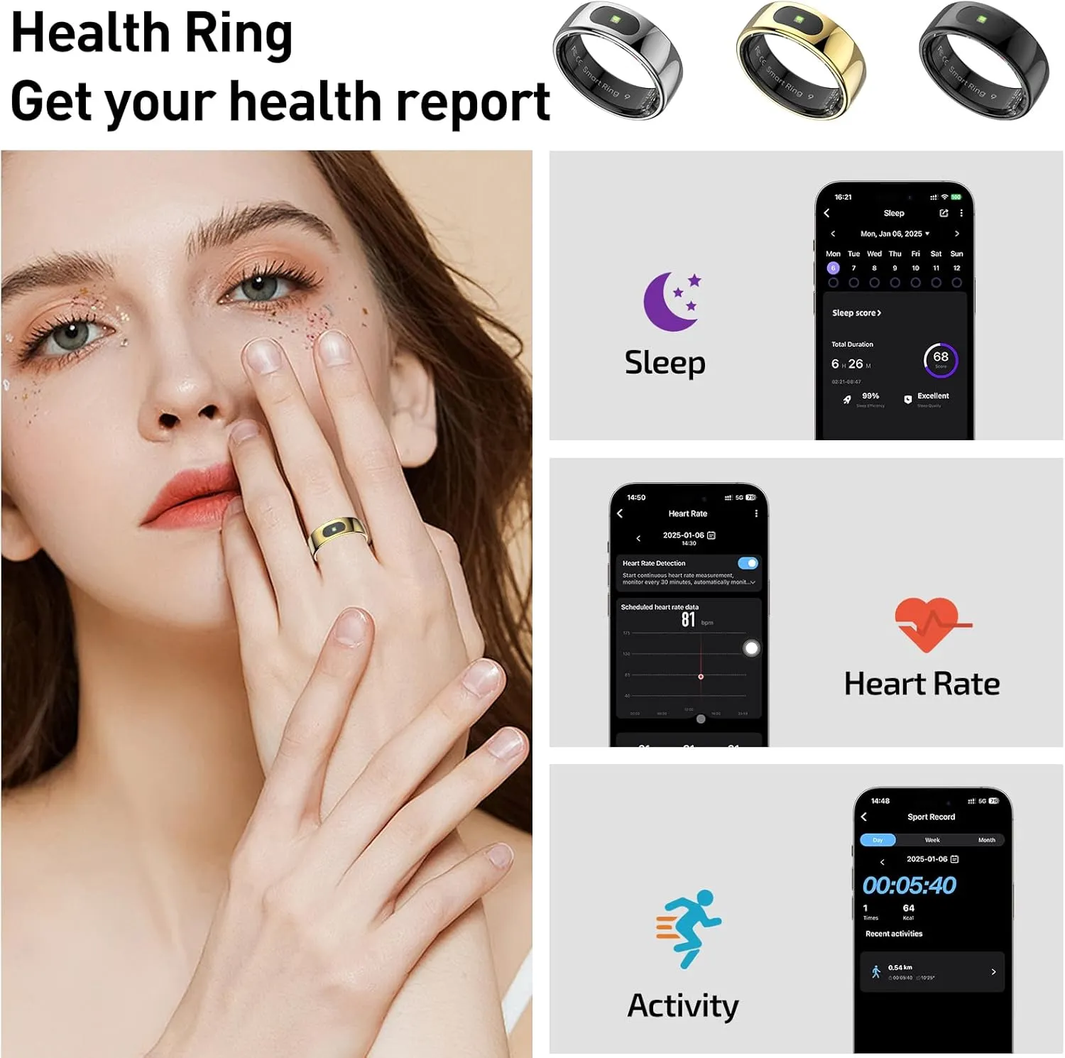 Smart Ring Health Tracker for Women & Men, Fitness Ring with Sleep & Motion Tracking, Touch Control, No Subscription Required, Compatible with iOS & Android (Gold, 7)