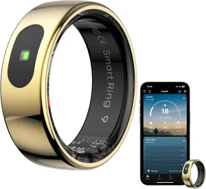 Smart Ring Health Tracker for Women & Men, Fitness Ring with Sleep & Motion Tracking, Touch Control, No Subscription Required, Compatible with iOS & Android (Gold, 8#)