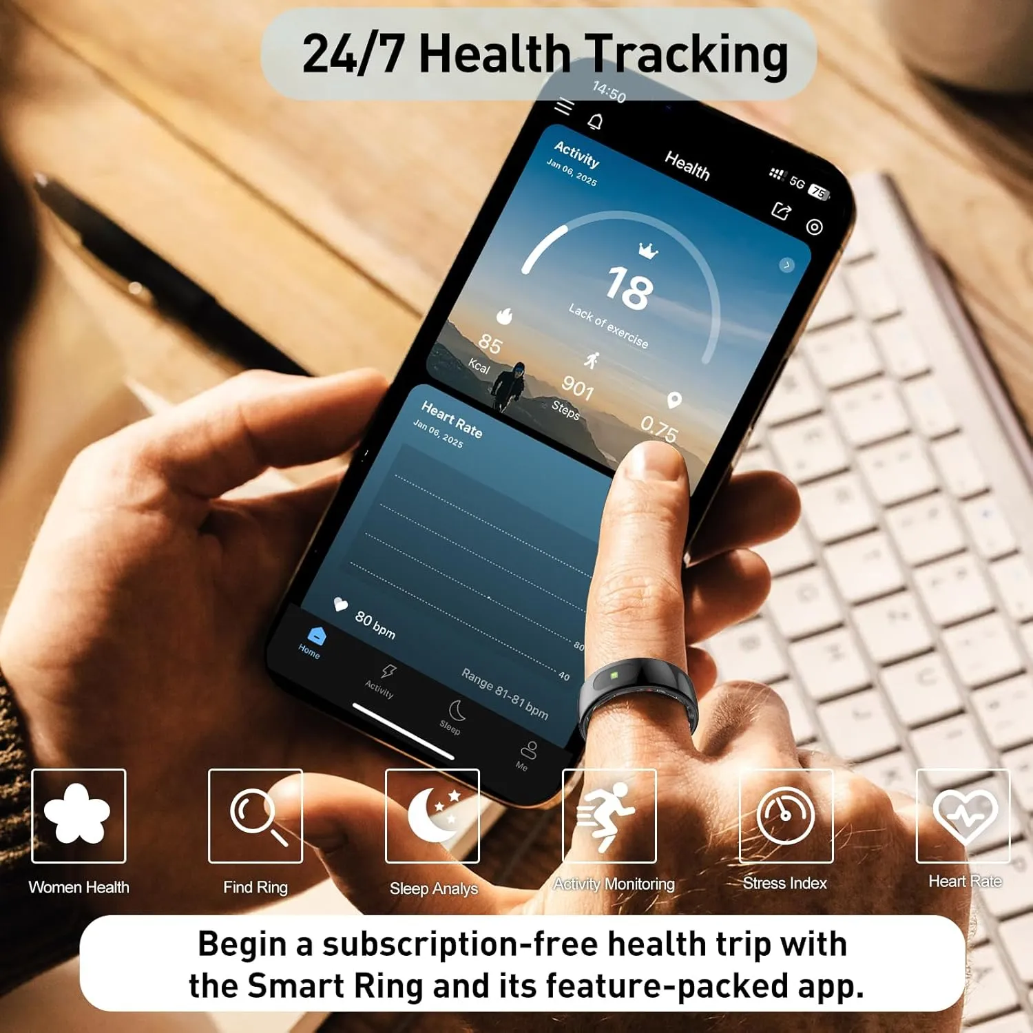 Smart Ring Health Tracker for Women & Men, Fitness Ring with Sleep & Motion Tracking, Touch Control, No Subscription Required, Compatible with iOS & Android (Gold, 8#)