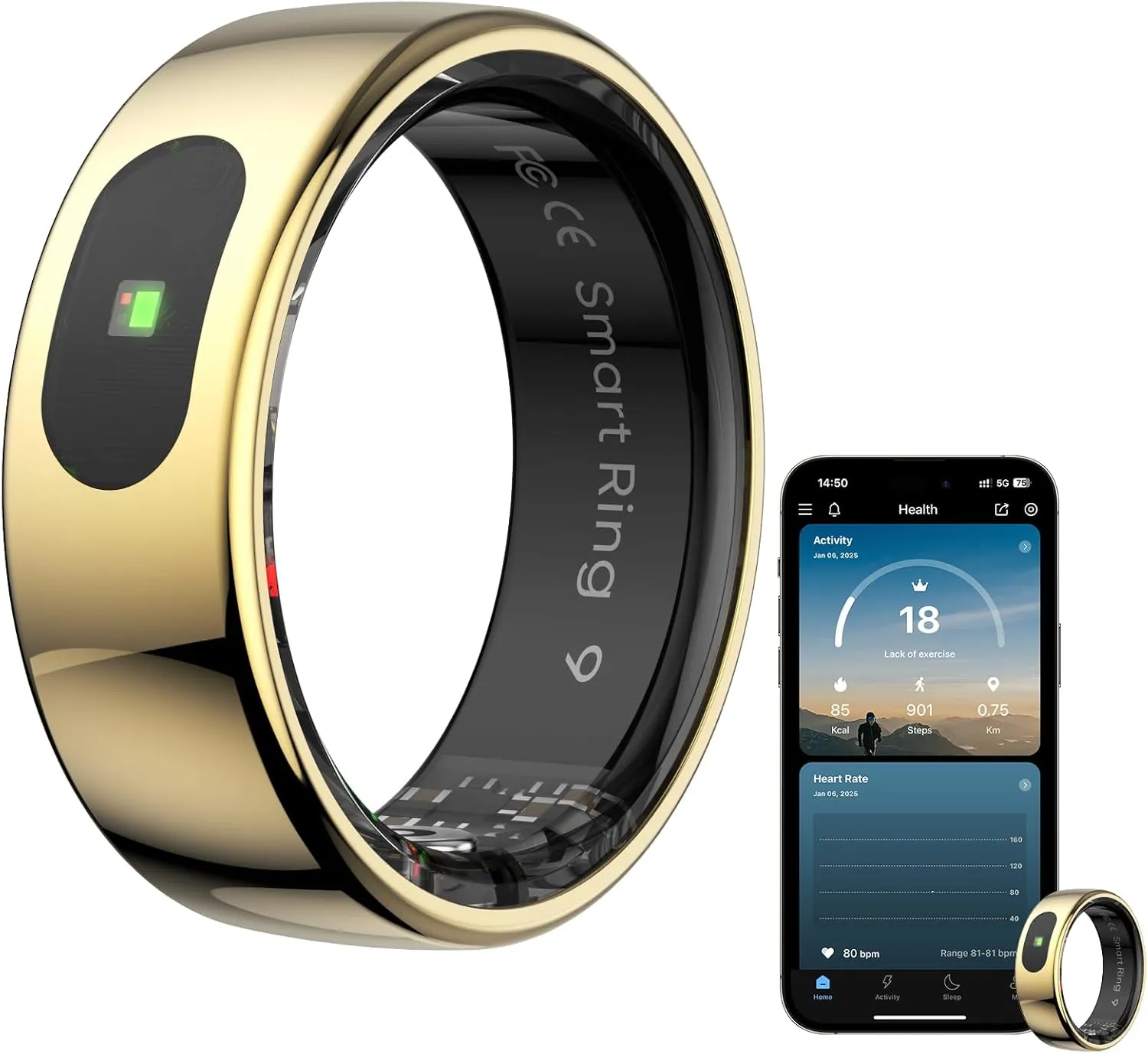 Smart Ring Health Tracker for Women & Men, Fitness Ring with Sleep & Motion Tracking, Touch Control, No Subscription Required, Compatible with iOS & Android (Gold, 8#)