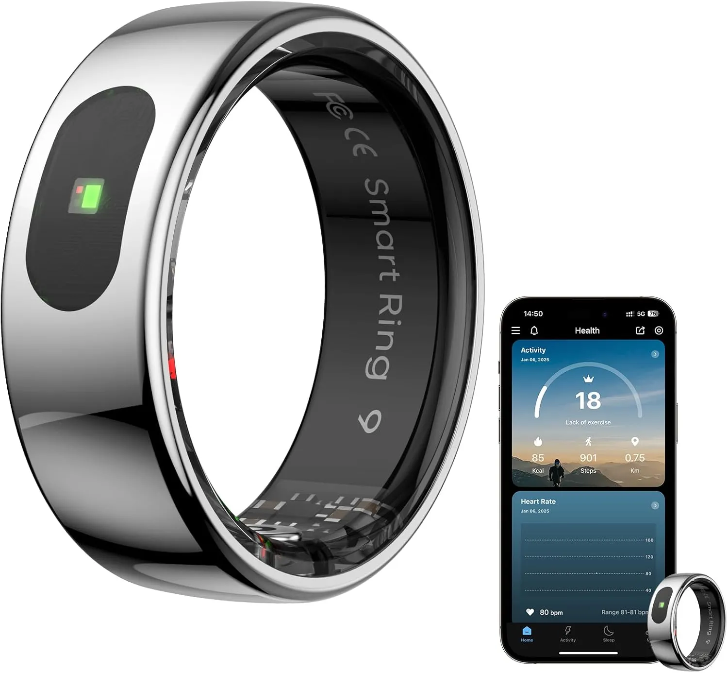 Smart Ring Health Tracker for Women & Men, Fitness Ring with Sleep & Motion Tracking, Touch Control, No Subscription Required, Compatible with iOS & Android (Silver, 10)