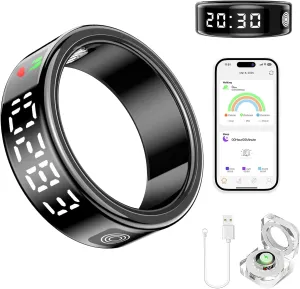Smart Ring Health Tracker for Women & Men - IP68 Waterproof Fitness Rings with LED Screen, Heart Rate/Blood Oxygen/Sleep Monitoring/Motion Tracking, No Subscription Fee