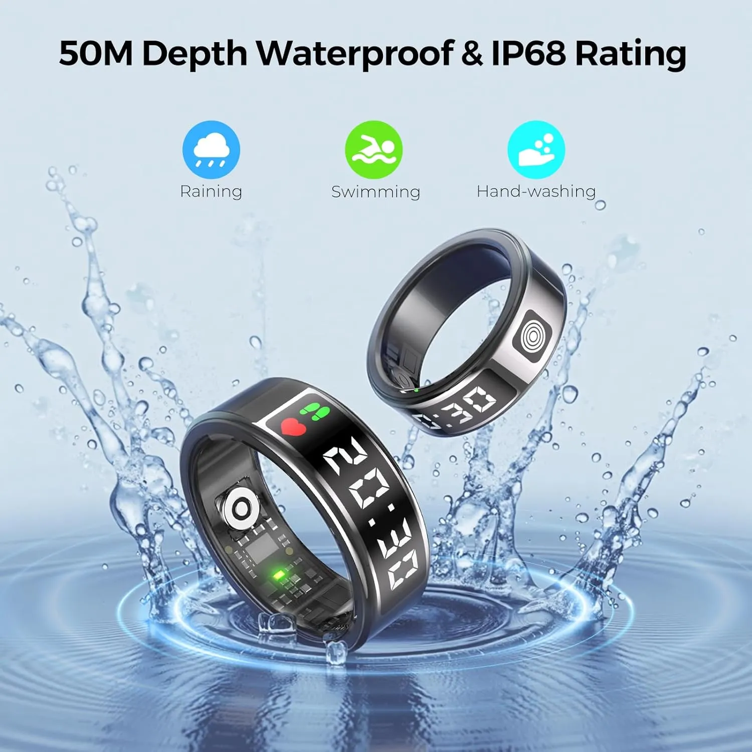Smart Ring Health Tracker for Women & Men - IP68 Waterproof Fitness Rings with LED Screen, Heart Rate/Blood Oxygen/Sleep Monitoring/Motion Tracking, No Subscription Fee