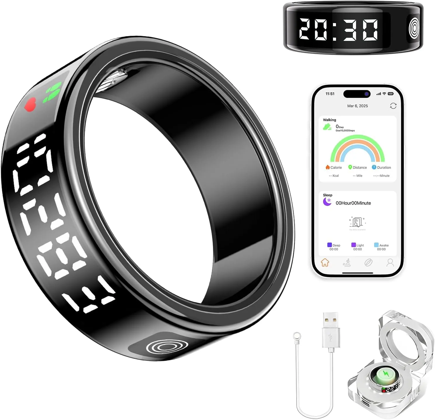 Smart Ring Health Tracker for Women & Men - IP68 Waterproof Fitness Rings with LED Screen, Heart Rate/Blood Oxygen/Sleep Monitoring/Motion Tracking, No Subscription Fee
