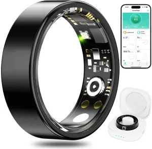 Smart Ring Health Tracker, Health Rings for Women & Men, Sleep Fitness Tracker Wearable, IP68 Waterproof, Compatible with iOS8.0 & Android5.1 (Ceramic Black, 7#)
