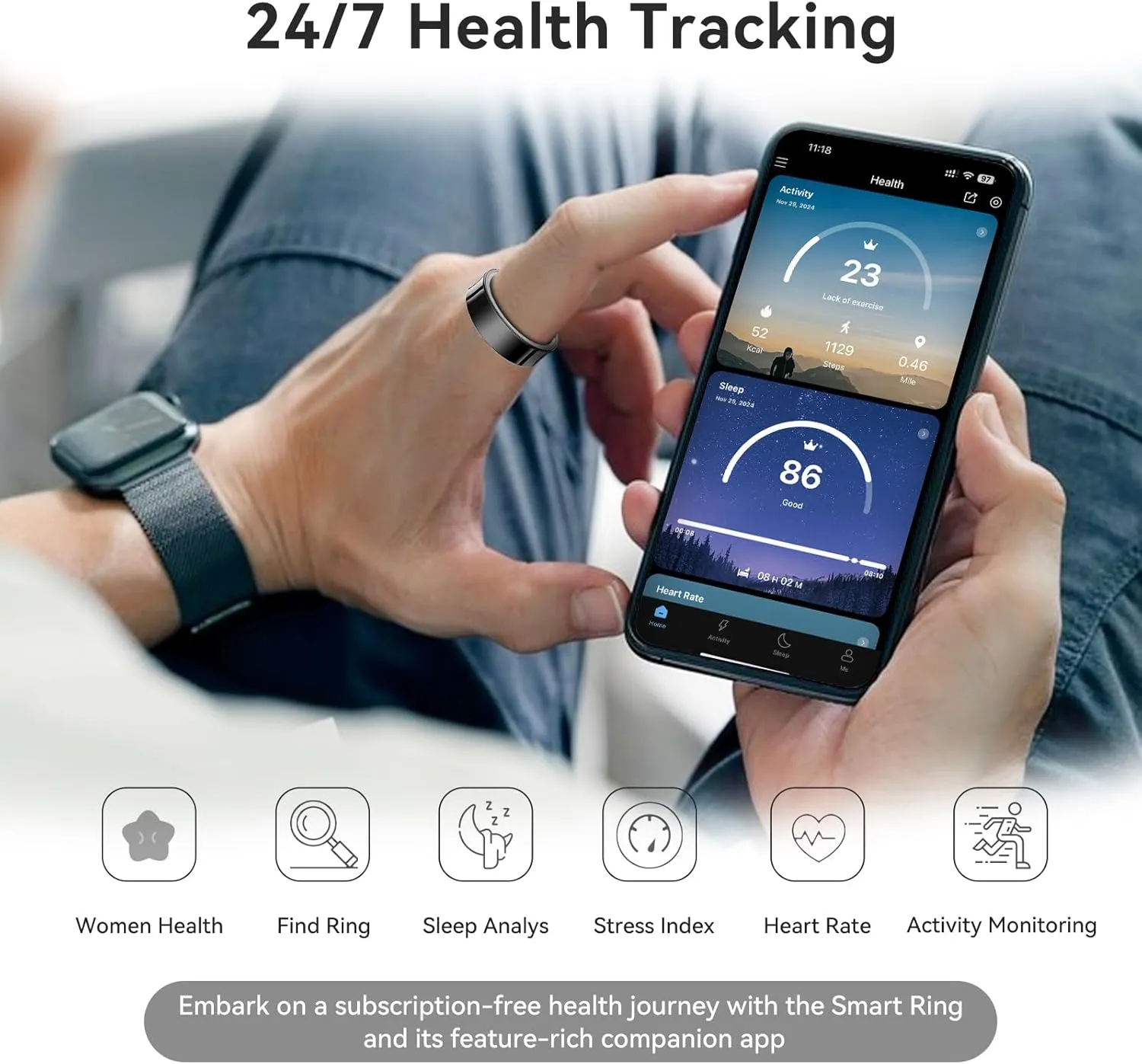 Smart Ring Health Tracker - No Subscription, Long-Lasting Battery Sleep Ring, Fitness & Sleep Monitor Compatible with iOS & Android (Black, 9)
