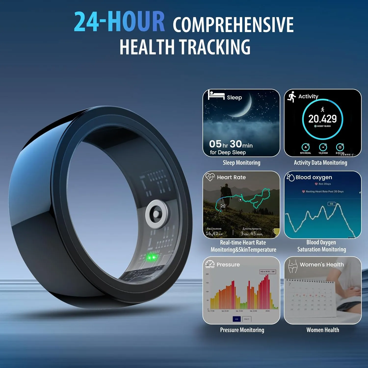 Smart Ring Health Tracker, Sleep & Fitness Tracker, Smart Ring for Men/Women,IP68 Waterproof,Remote Camera Control,No App Fee for Standard Features, for iOS & Android(Black, #10)