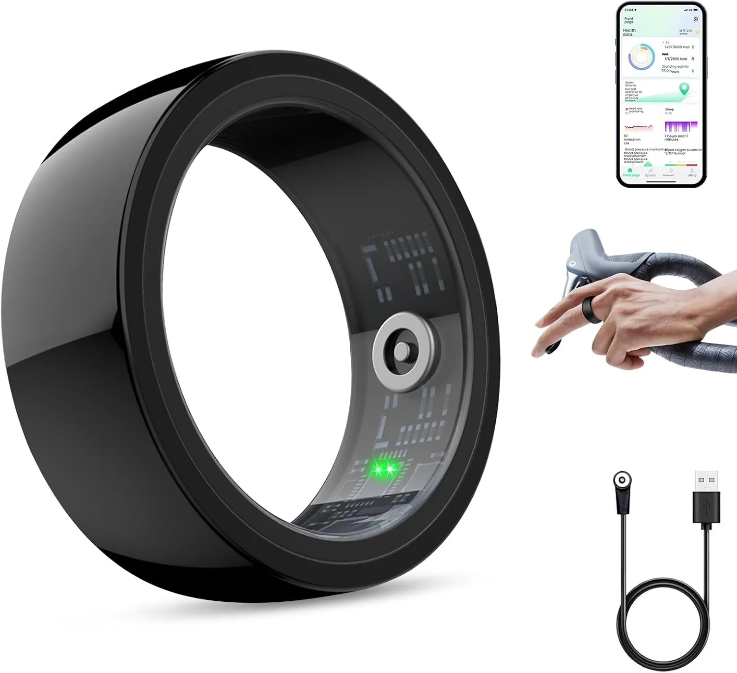 Smart Ring Health Tracker, Sleep & Fitness Tracker, Smart Ring for Men/Women,IP68 Waterproof,Remote Camera Control,No App Fee for Standard Features, for iOS & Android(Black, #10)