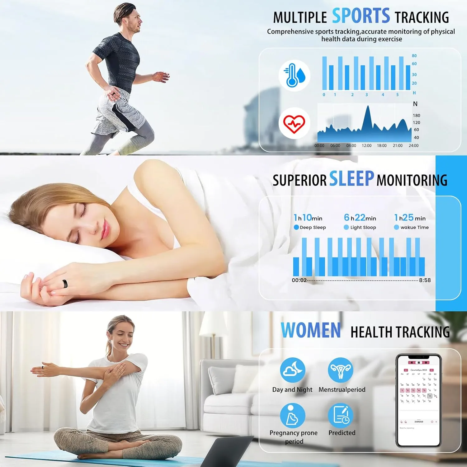 Smart Ring Health Tracker, Sleep & Fitness Tracker, Smart Ring for Men/Women,IP68 Waterproof,Remote Camera Control,No App Fee for Standard Features, for iOS & Android(Black, #10)