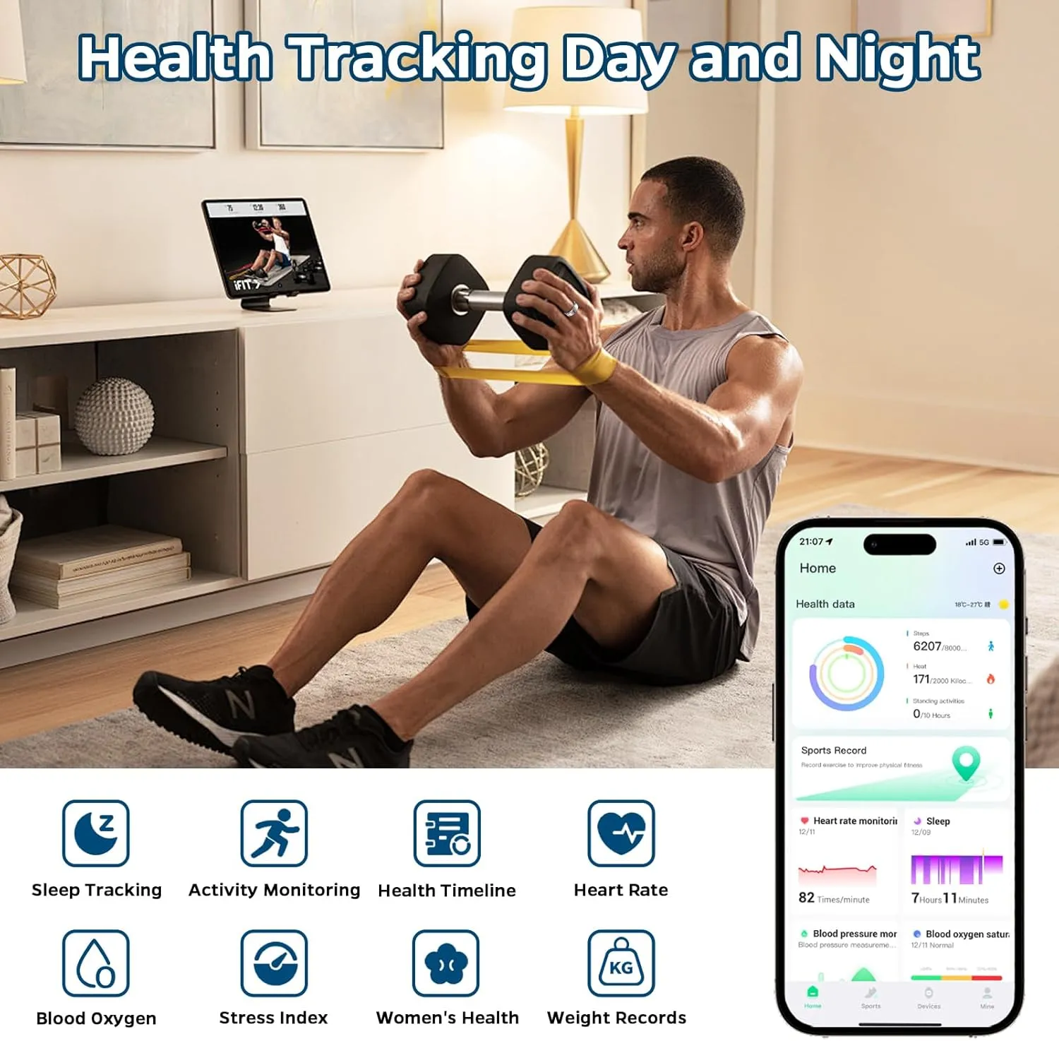 Smart Ring Health Tracker, Sleep Tracker Ring with Heart Rate, Waterproof Fitness Ring for Activity Monitoring/Steps/Distance/Calories, Air Gestures,Up to 7-Day Battery, for iOS and Android (Black,#8)