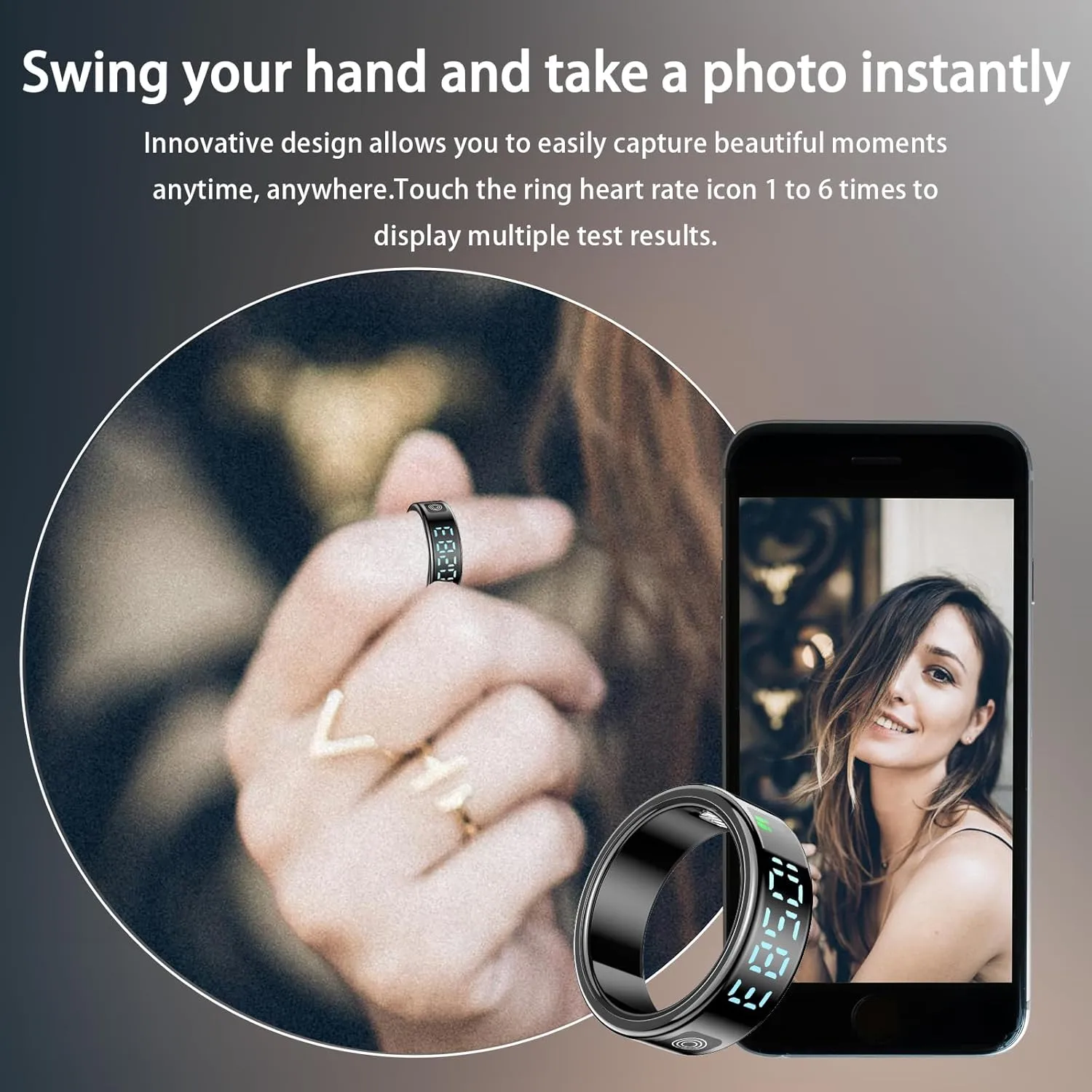 Smart Ring, Health Tracker, Sleep Tracking Wearable, Heart Rate, Fitness Tracker, Blood Oxygen Monitoring, Gesture Brush Video and Take Photos, with Screen Touch Charging Case, Black Size 12