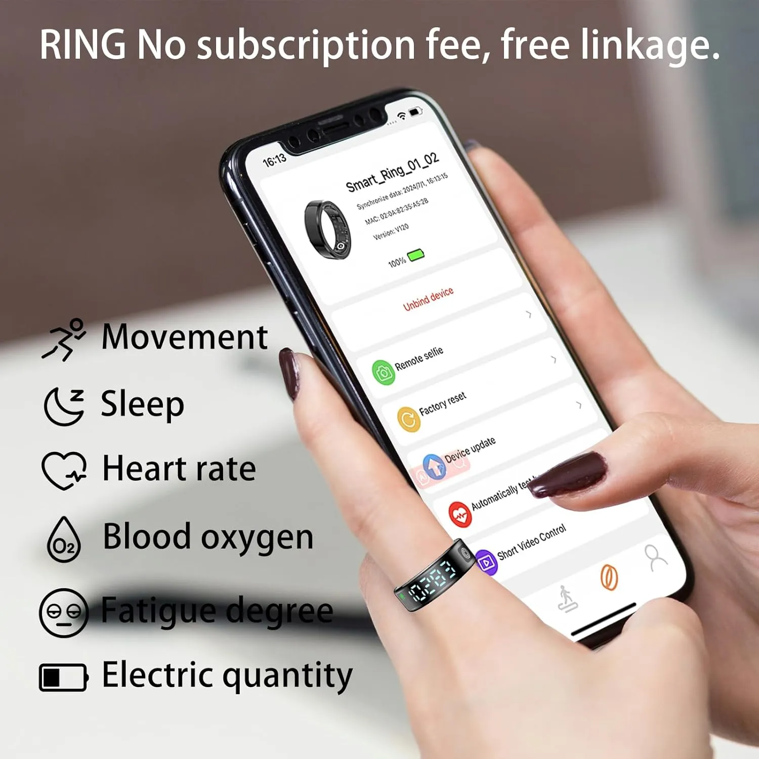 Smart Ring, Health Tracker, Sleep Tracking Wearable, Heart Rate, Fitness Tracker, Blood Oxygen Monitoring, Gesture Brush Video and Take Photos, with Screen Touch Charging Case, Black Size 12