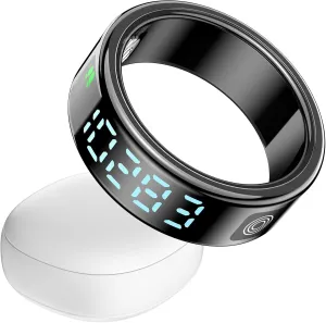 Smart Ring, Health Tracker, Sleep Tracking Wearable, Heart Rate, Fitness Tracker, Blood Oxygen Monitoring, Gesture Brush Video and Take Photos, with Screen Touch Charging Case, Black Size 12