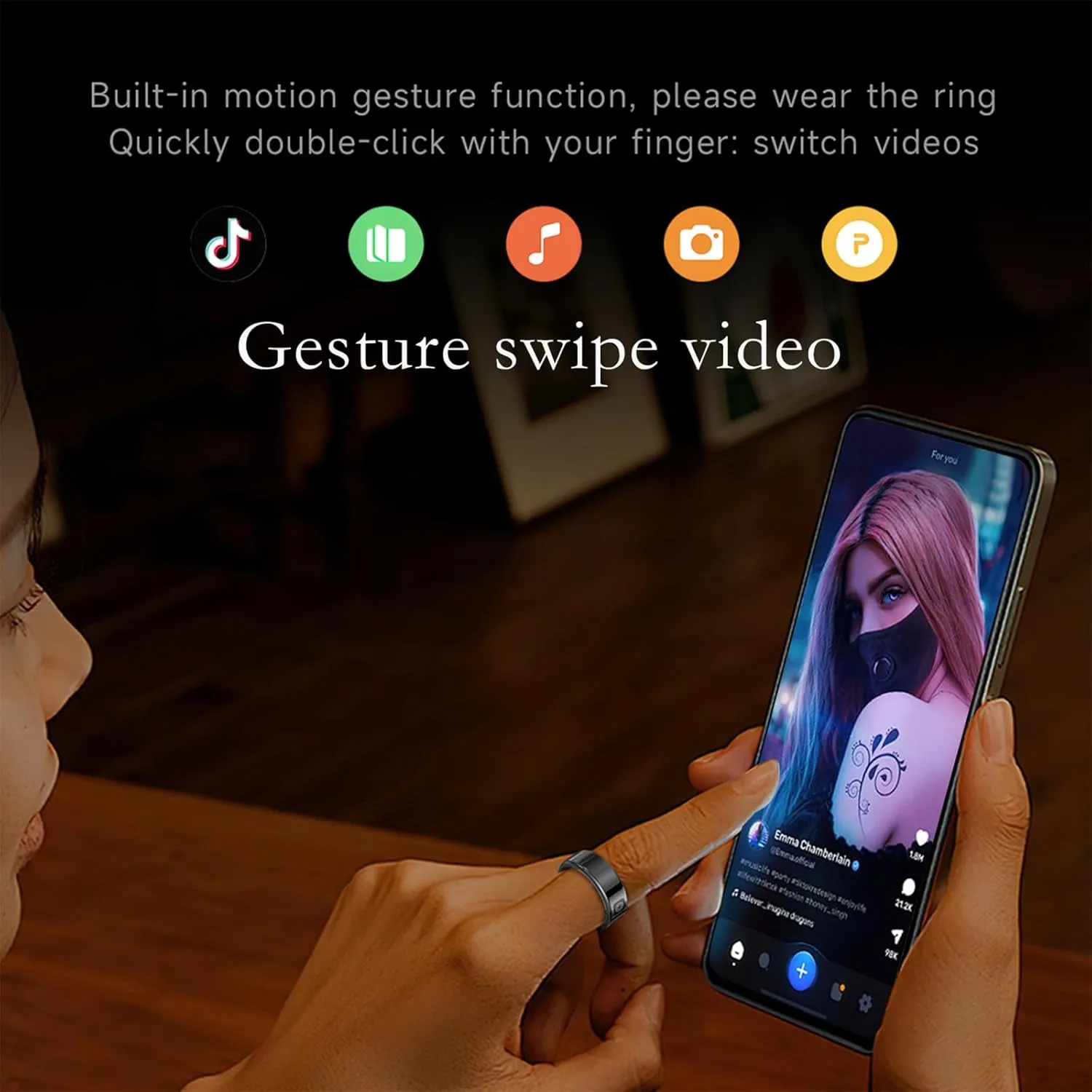 Smart Ring, Health Tracker, Sleep Tracking Wearable, Heart Rate, Fitness Tracker, Blood Oxygen Monitoring, Gesture Brush Video and Take Photos, with Screen Touch Charging Case, Black Size 12