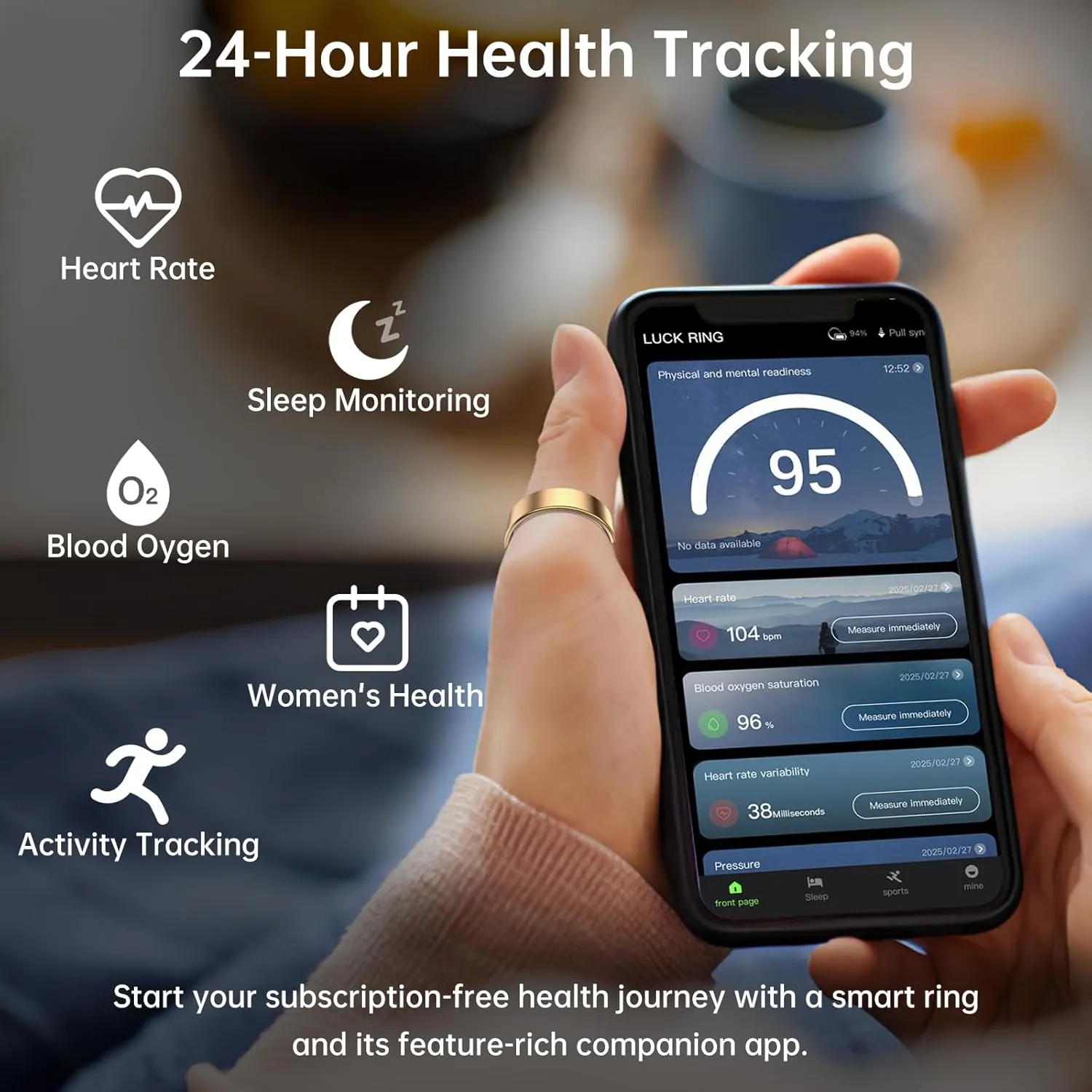 Smart Ring Health Tracker, Smart Ring for Women & Men, Health Ring with Heart Rate, Blood Oxygen, and Sleep Monitoring, Waterproof Fitness Ring with Long Battery Life (Gold, 8)