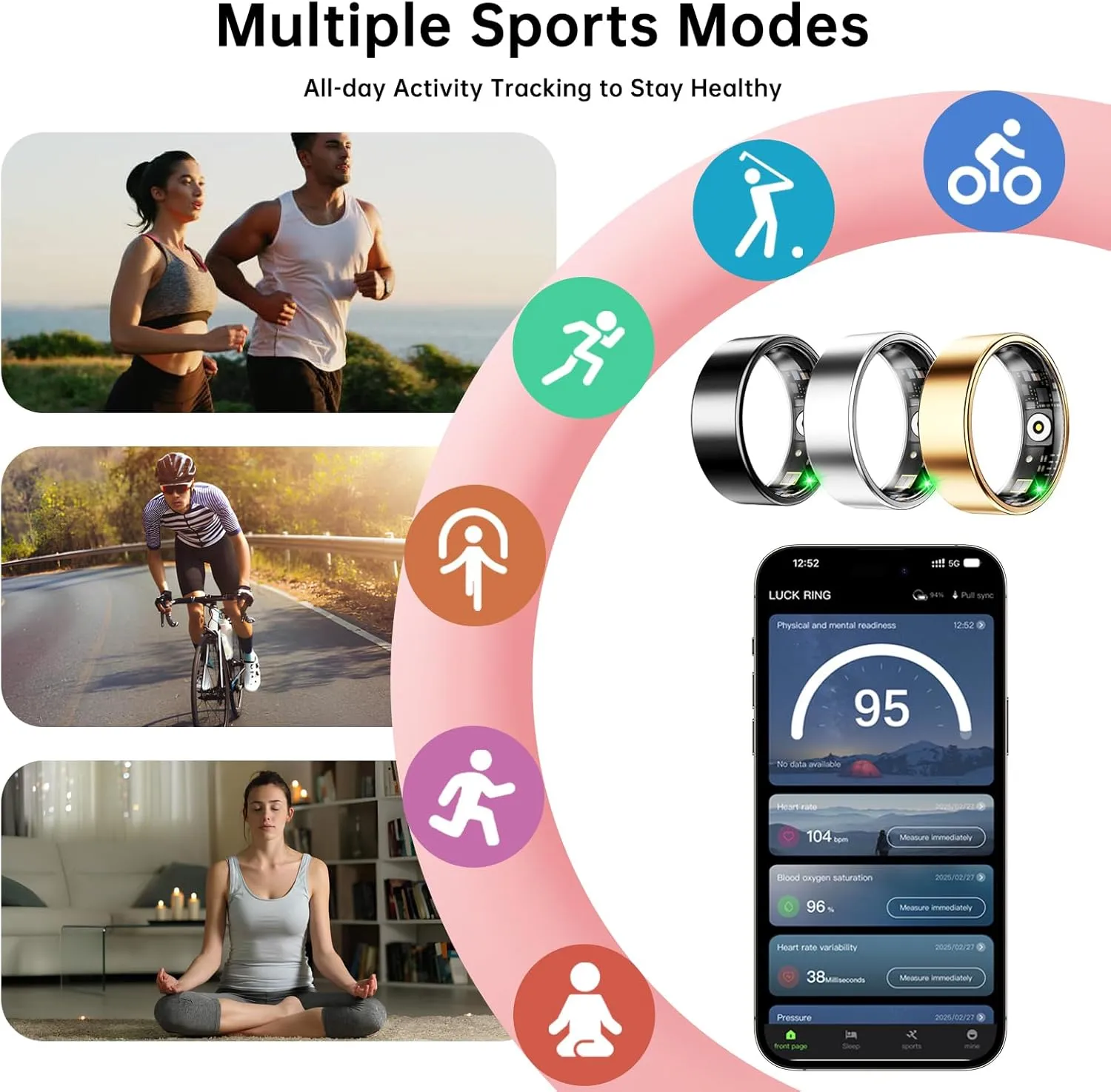 Smart Ring Health Tracker, Smart Ring for Women & Men, Health Ring with Heart Rate, Blood Oxygen, and Sleep Monitoring, Waterproof Fitness Ring with Long Battery Life (Gold, 8)