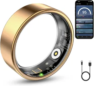 Smart Ring Health Tracker, Smart Ring for Women & Men, Health Ring with Heart Rate, Blood Oxygen, and Sleep Monitoring, Waterproof Fitness Ring with Long Battery Life (Gold, 8)