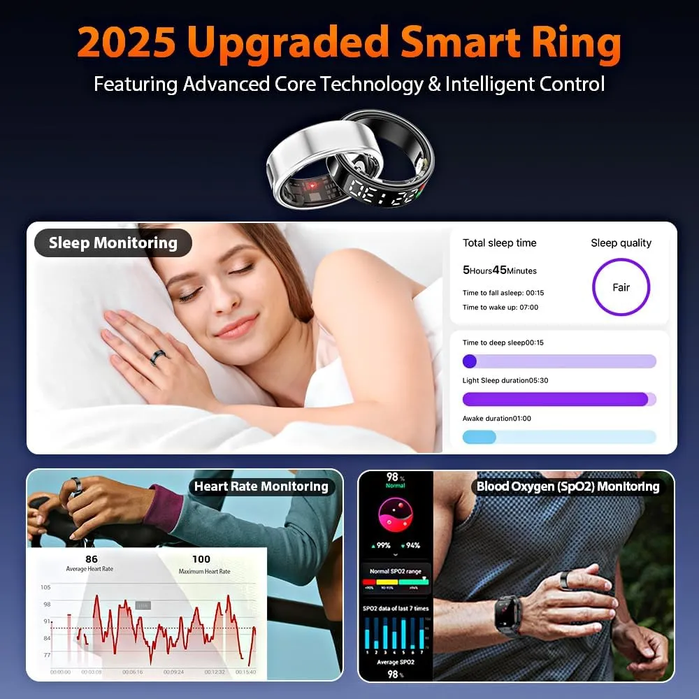 Smart Ring Health Tracker with LED Display Screen, IP68 Waterproof Fitness Tracker, Bluetooth Connection Health Ring Compatible with iOS/Android, Activity Tracker/Heart Rate/Blood Oxygen/Sleep/Step