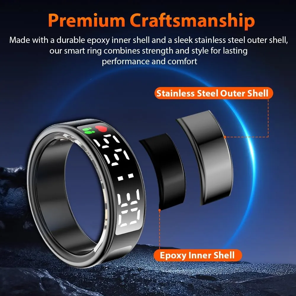 Smart Ring Health Tracker with LED Display Screen, IP68 Waterproof Fitness Tracker, Bluetooth Connection Health Ring Compatible with iOS/Android, Activity Tracker/Heart Rate/Blood Oxygen/Sleep/Step