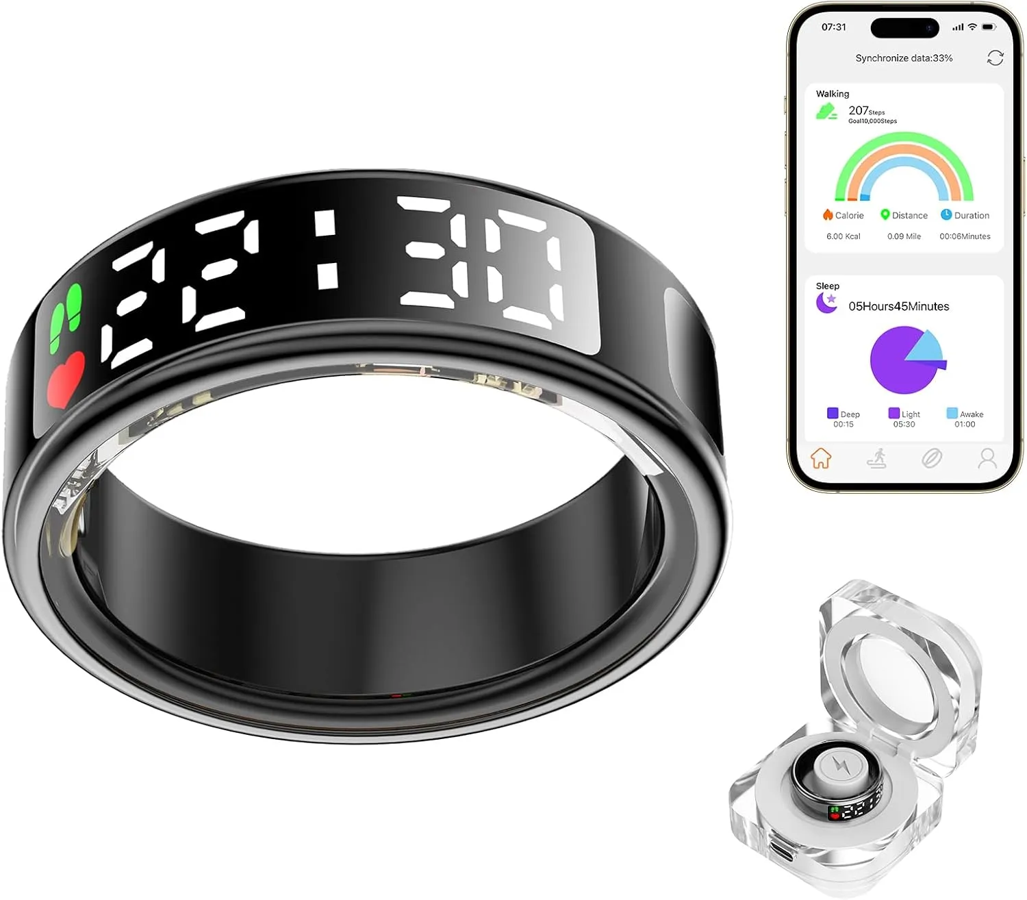 Smart Ring Health Tracker with LED Display Screen, IP68 Waterproof Fitness Tracker, Bluetooth Connection Health Ring Compatible with iOS/Android, Activity Tracker/Heart Rate/Blood Oxygen/Sleep/Step