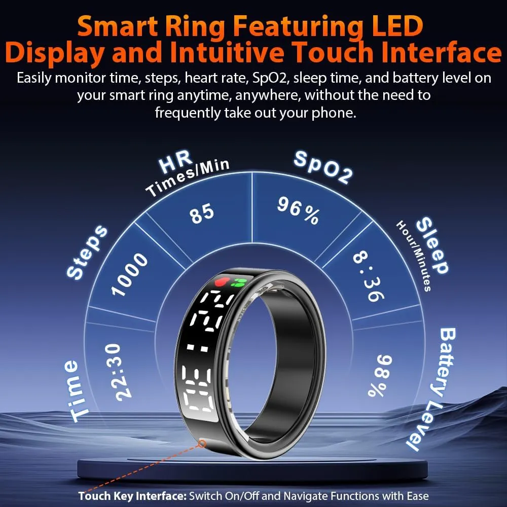 Smart Ring Health Tracker with LED Display Screen, IP68 Waterproof Fitness Tracker, Bluetooth Connection Health Ring Compatible with iOS/Android, Activity Tracker/Heart Rate/Blood Oxygen/Sleep/Step