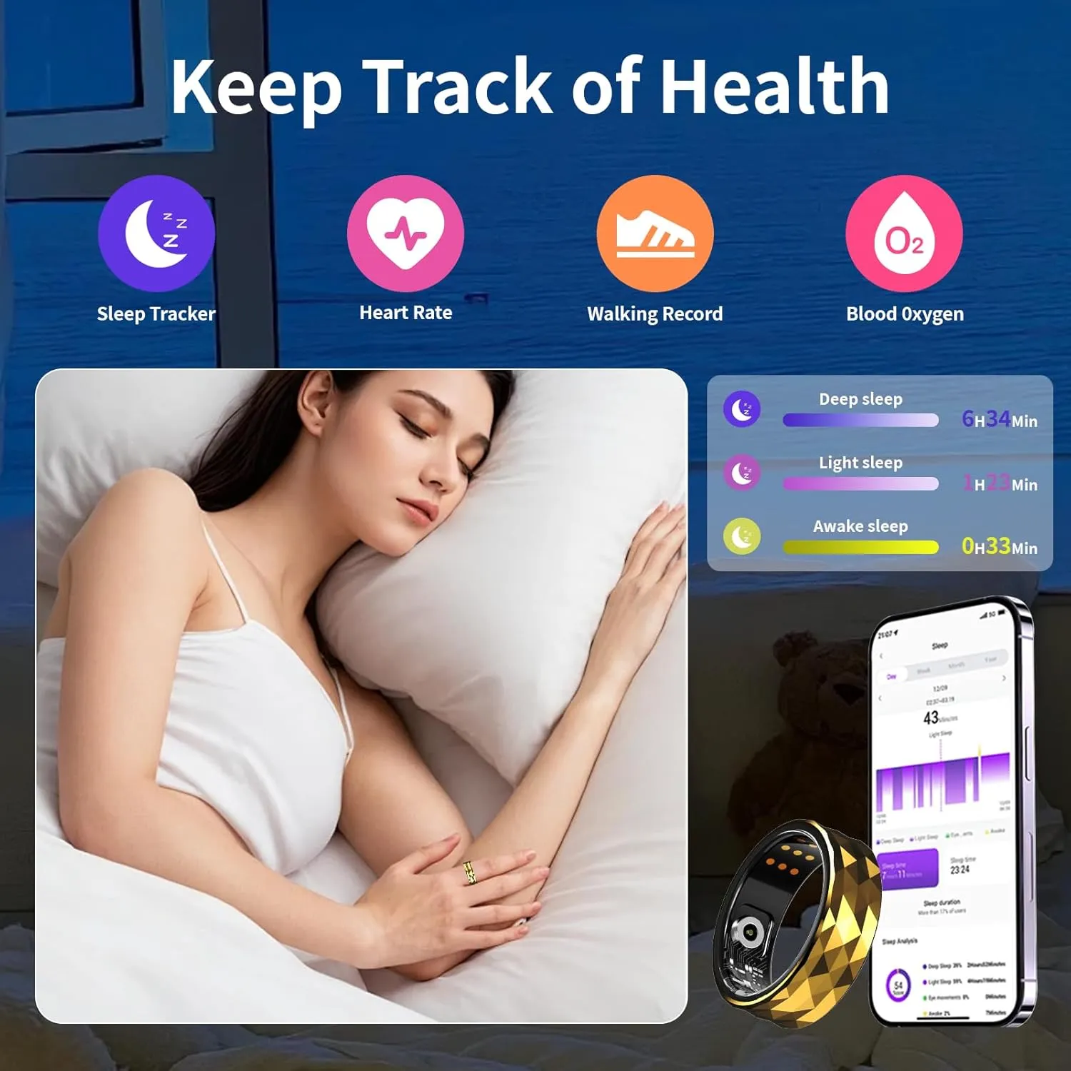 Smart Ring with Calories, Heart Rate,Step Counter, Heart Rate & Blood Oxygen Monitor, Sleep Tracking, and IP68 Waterproof - No App Subscription, Compatible with Android 5.1  & iOS 8.0 (Black, 10#)