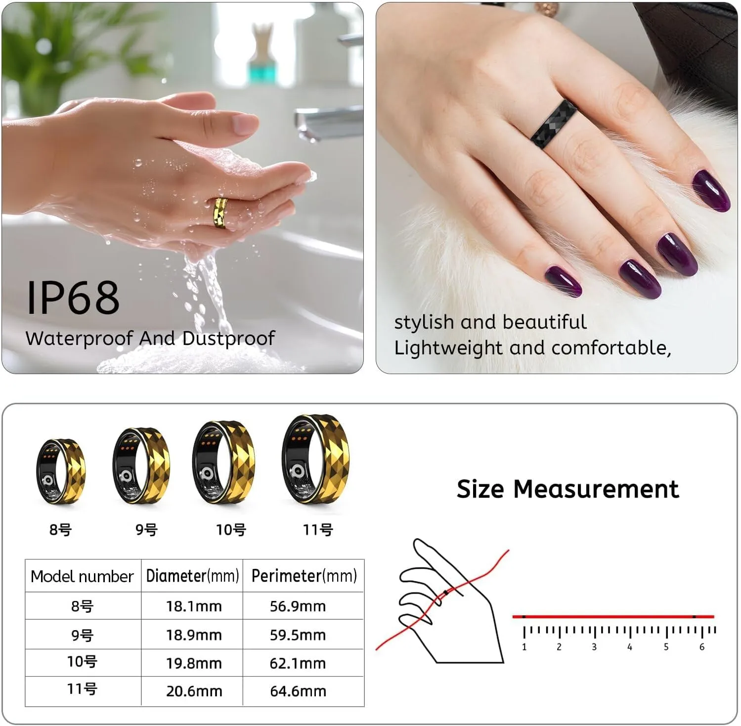 Smart Ring with Calories, Heart Rate,Step Counter, Heart Rate & Blood Oxygen Monitor, Sleep Tracking, and IP68 Waterproof - No App Subscription, Compatible with Android 5.1  & iOS 8.0 (Black, 10#)