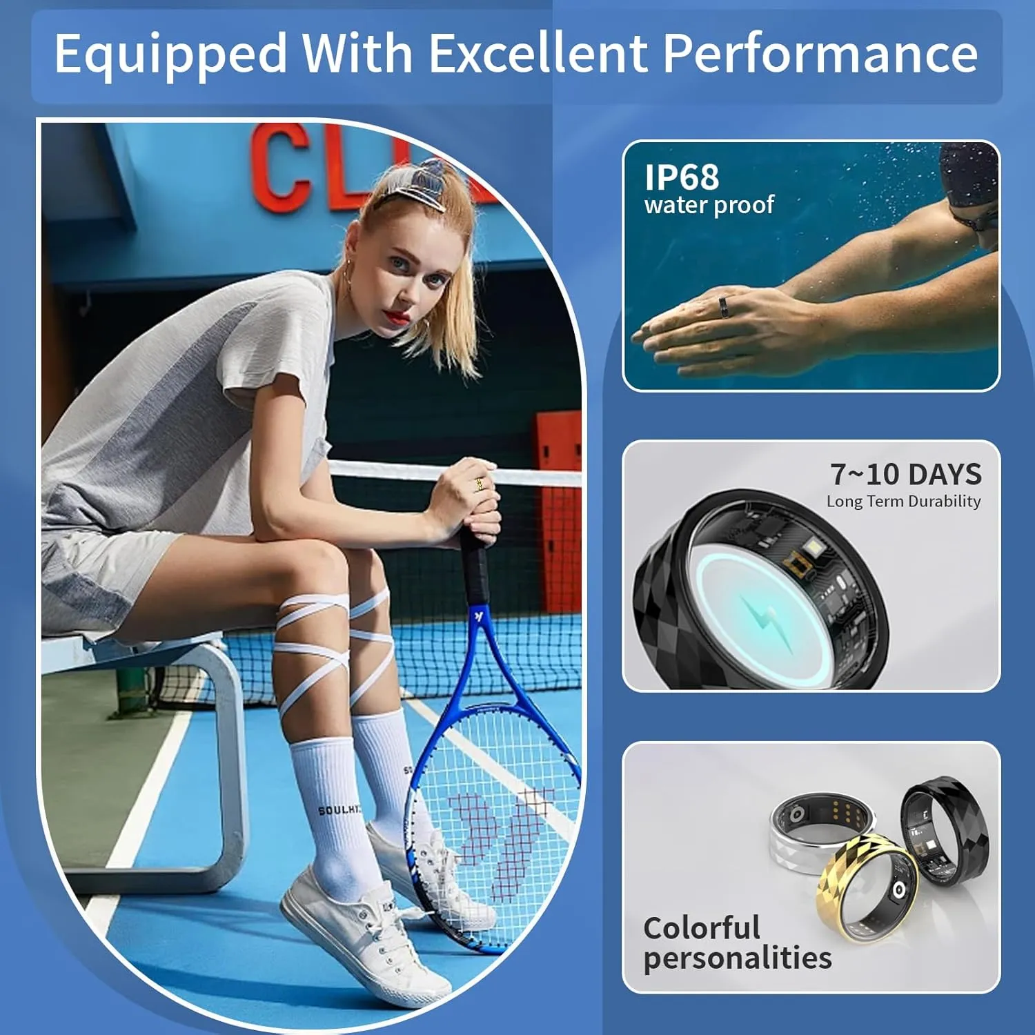 Smart Ring with Calories, Heart Rate,Step Counter, Heart Rate & Blood Oxygen Monitor, Sleep Tracking, and IP68 Waterproof - No App Subscription, Compatible with Android 5.1  & iOS 8.0 (Black, 10#)