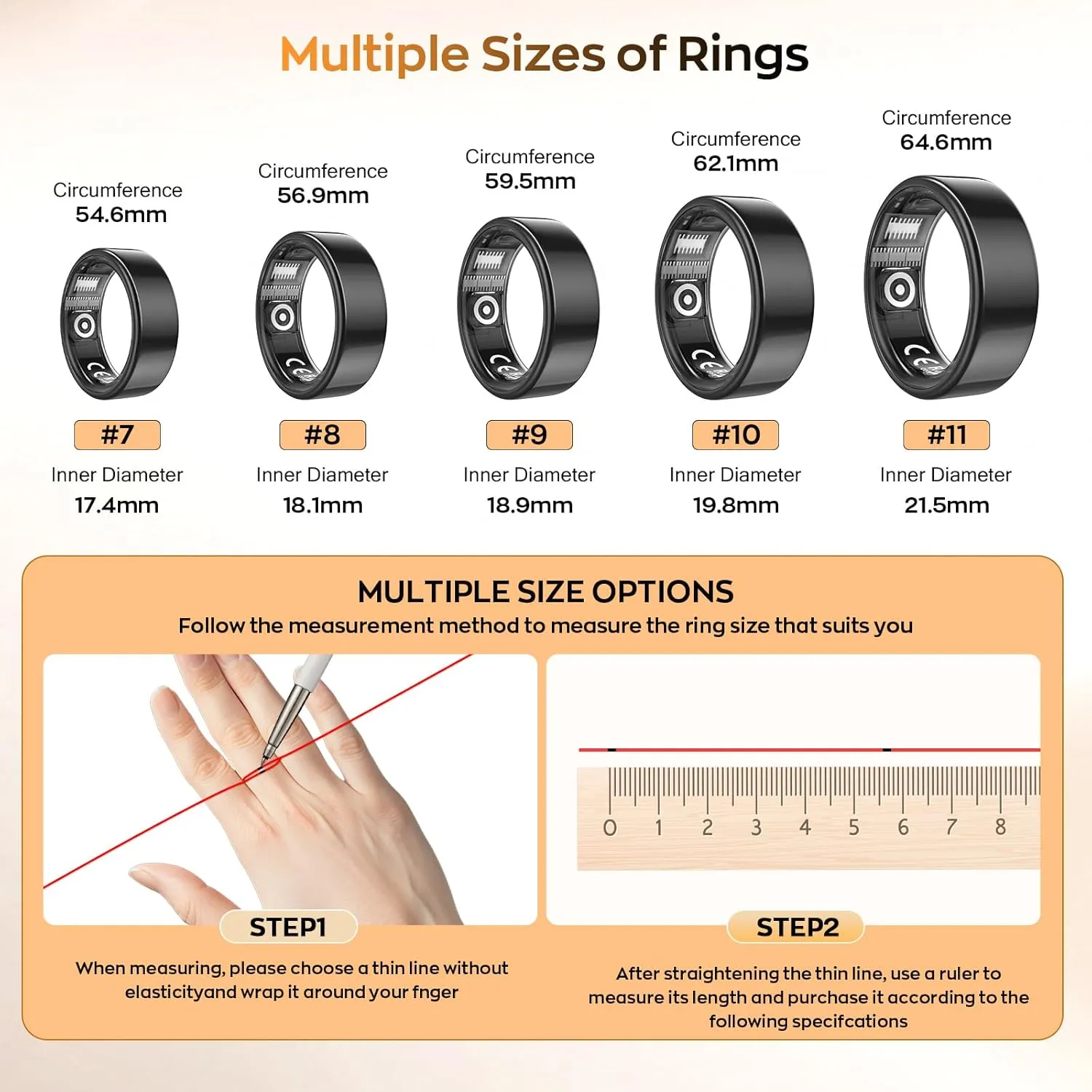Smart Ring with Sleep Monitoring, Step Counting, Heart Rate, Blood Oxygen for iPhone and Android, No Subscription Fee, IP68 Waterproof Health Tracker (Black, 8)
