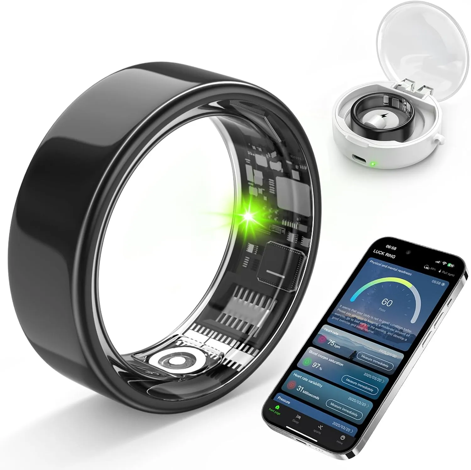 Smart Ring with Sleep Monitoring, Step Counting, Heart Rate, Blood Oxygen for iPhone and Android, No Subscription Fee, IP68 Waterproof Health Tracker (Black, 8)