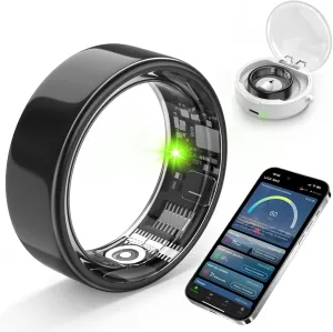 Smart Ring with Sleep Monitoring, Step Counting, Heart Rate, Blood Oxygen for iPhone and Android, No Subscription Fee, IP68 Waterproof Health Tracker (Black, 8)