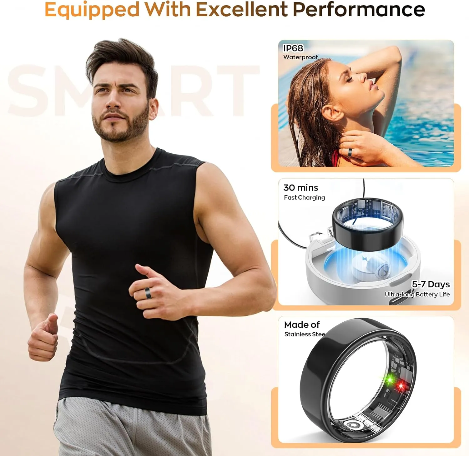 Smart Ring with Sleep Monitoring, Step Counting, Heart Rate, Blood Oxygen for iPhone and Android, No Subscription Fee, IP68 Waterproof Health Tracker (Black, 8)