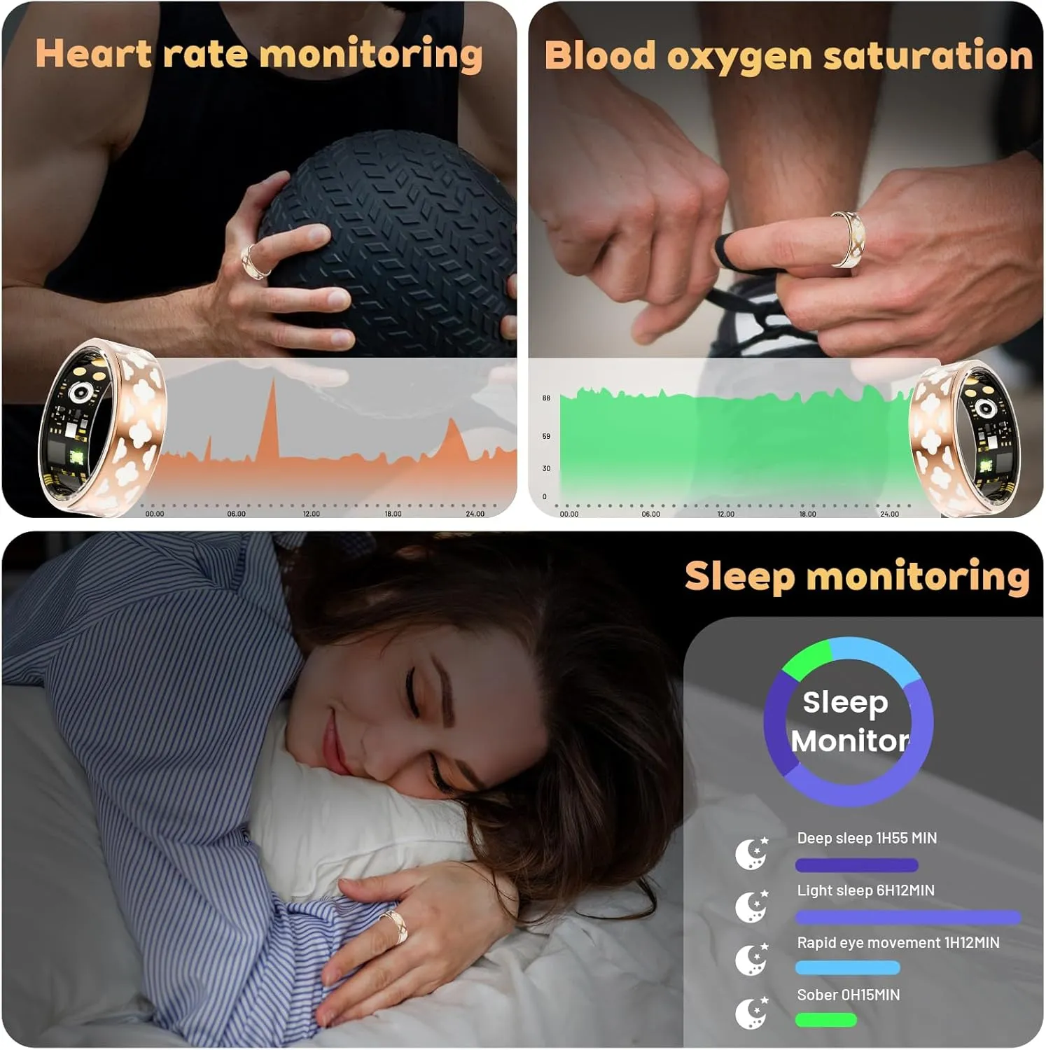 Smart Rings for Men and Women, Sleep Health Tracker, Step Tracker, No Subscription Fee, Health Smart Rings for iPhone and Android (8)