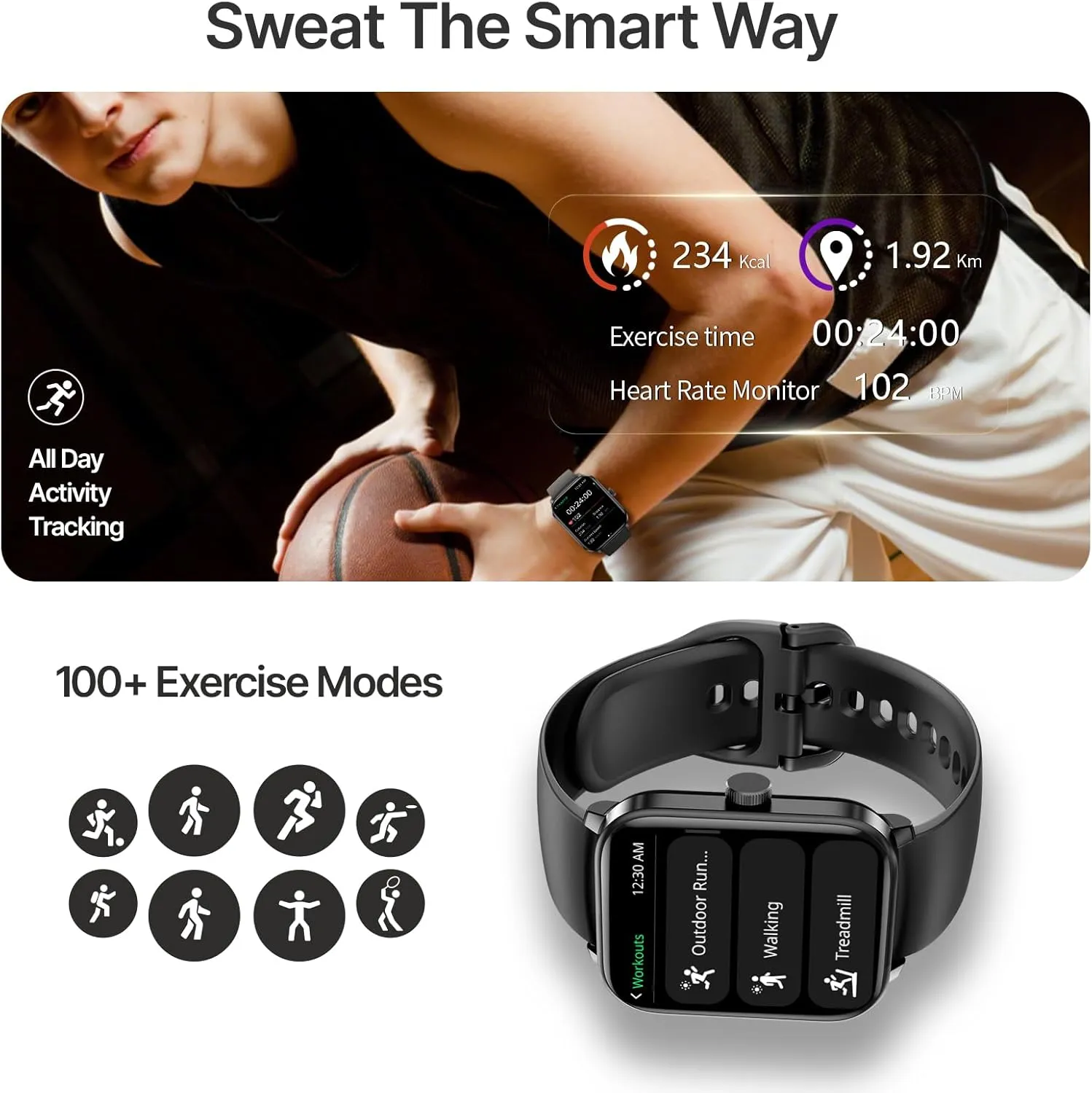 Smart Watch for Men Women, GPS Built-in, Bluetooth Calling, Heart Rate & Sleep Health Monitor, Stress Manage, IP68 Waterproof, 100  Sports Mode, Smartwatch for Android & iPhone, Black