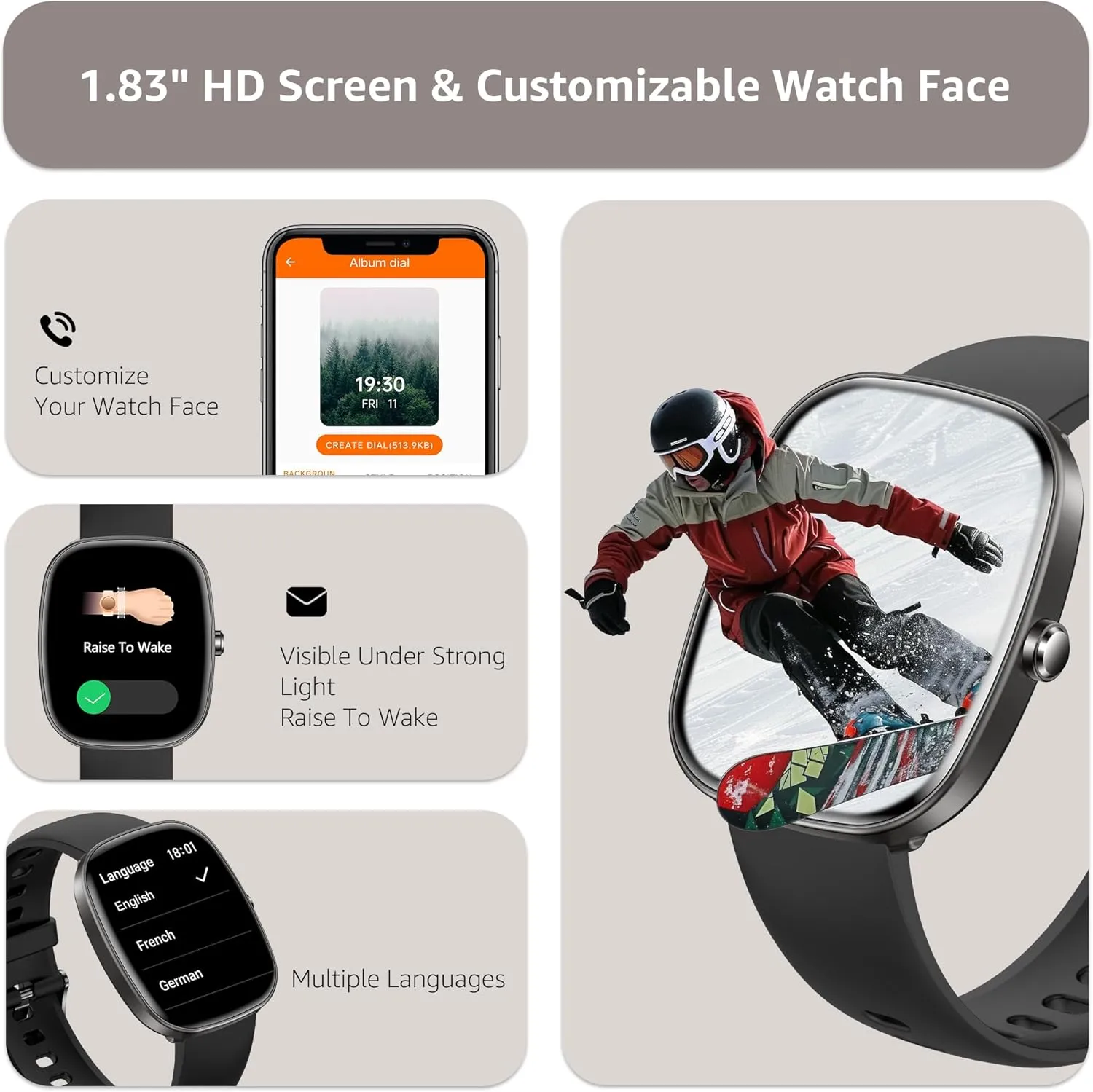 Smart Watch for Men Women Make/Answer Calls,1.83"Fitness Tracker with Sleep Tracker/Blood Pressure/Heart Rate Monitor,Pedometer,100  Sport Modes,IP68 Waterproof,350 Mah, Compatible with Android&iPhone