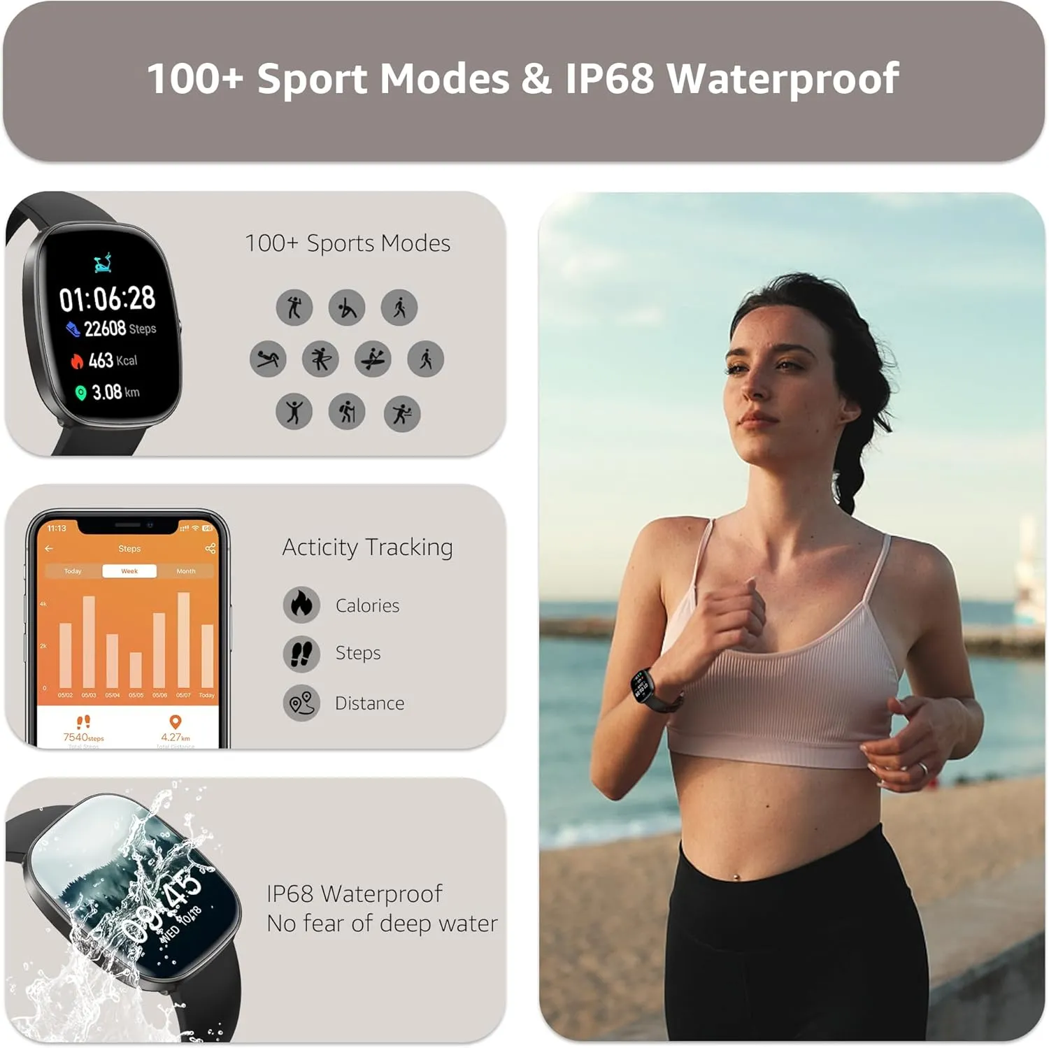 Smart Watch for Men Women Make/Answer Calls,1.83"Fitness Tracker with Sleep Tracker/Blood Pressure/Heart Rate Monitor,Pedometer,100  Sport Modes,IP68 Waterproof,350 Mah, Compatible with Android&iPhone
