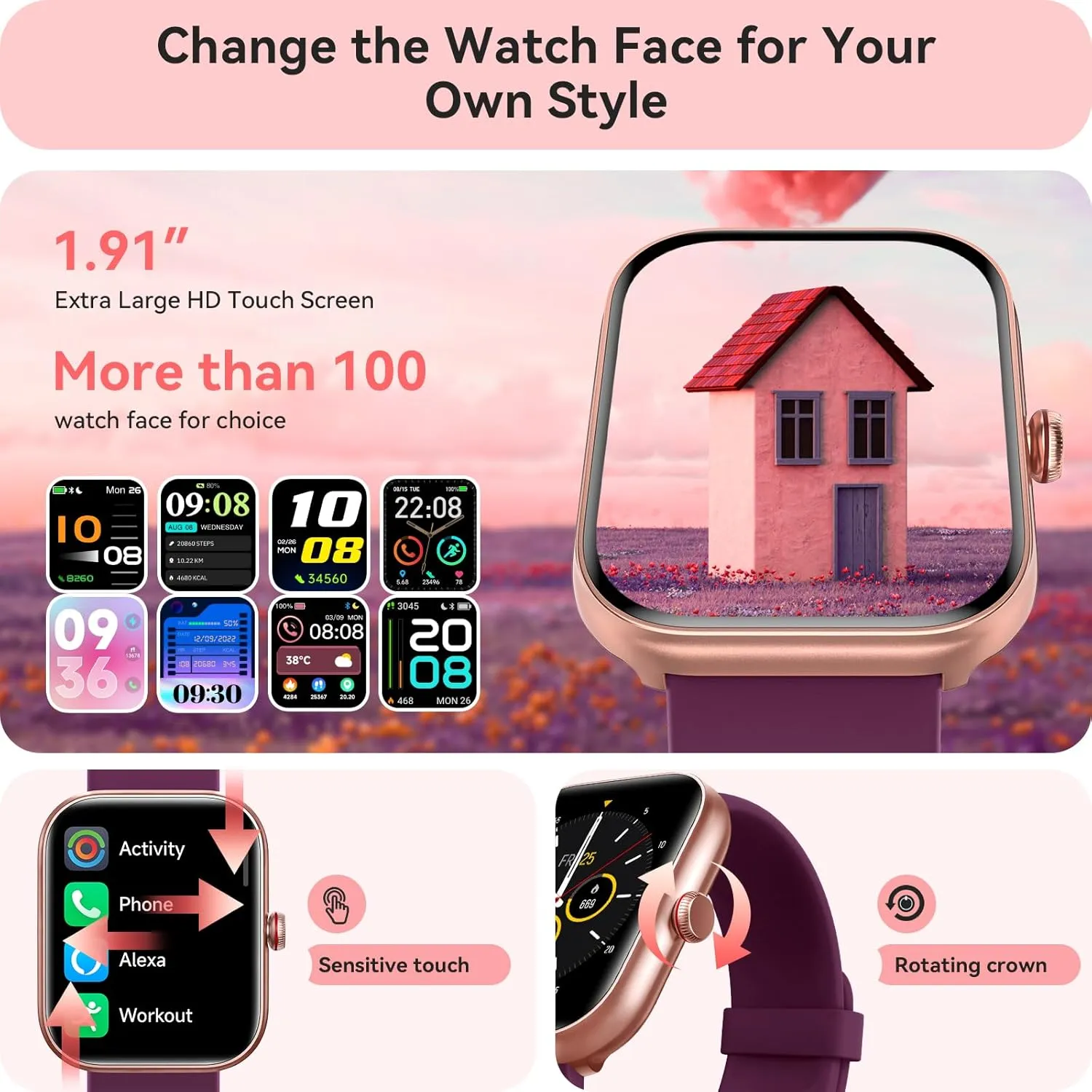 Smart Watch for Women Men, Smartwatch for iPhone & Android Bluetooth (Answer/Call) Built-in Alexa, 1.91" HD Fitness Tracker with 105  Sport Modes, IP68 Waterproof, Sleep/Heart Rate/SpO2/Stress Monitor