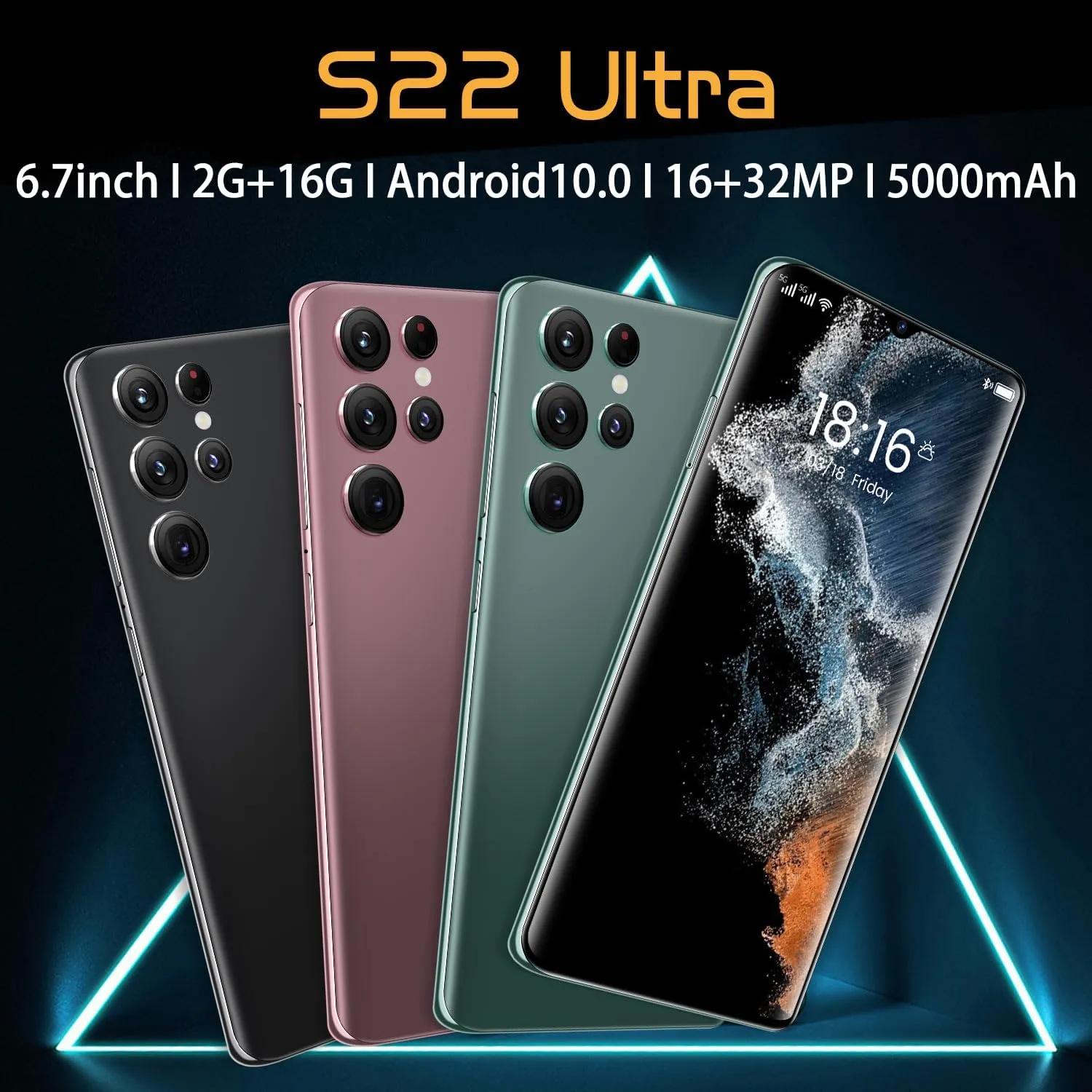 Smartphone Unlocked Cell Phones S22 Ultra 6.7in HD Screen The Black Phone 2GB/16GB Android 10 Straight Talk Phone 5000mAh 128GB Extension Dual Sim Boost Mobile Phones Telefonos (Gold)