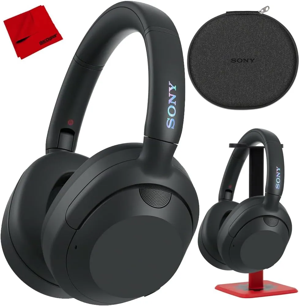 Sony ULT WEAR Noise Canceling Wireless Headphones with Alexa Built-in, Massive Bass Comfortable Design, Black WHULT900N/B Bundle with Pro Audio Headphone Stand   Microfiber Cloth