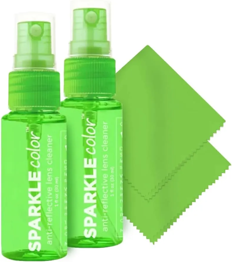 Sparkle Anti-Reflective Safe Lens Cleaner Spray Kit - (2) 1oz Glasses Cleaner Bottle & (2) Microfiber Cloth for Eyeglasses, Sunglasses, Lenses, Screens and Camera Cleaning Kit (4 Piece Set)