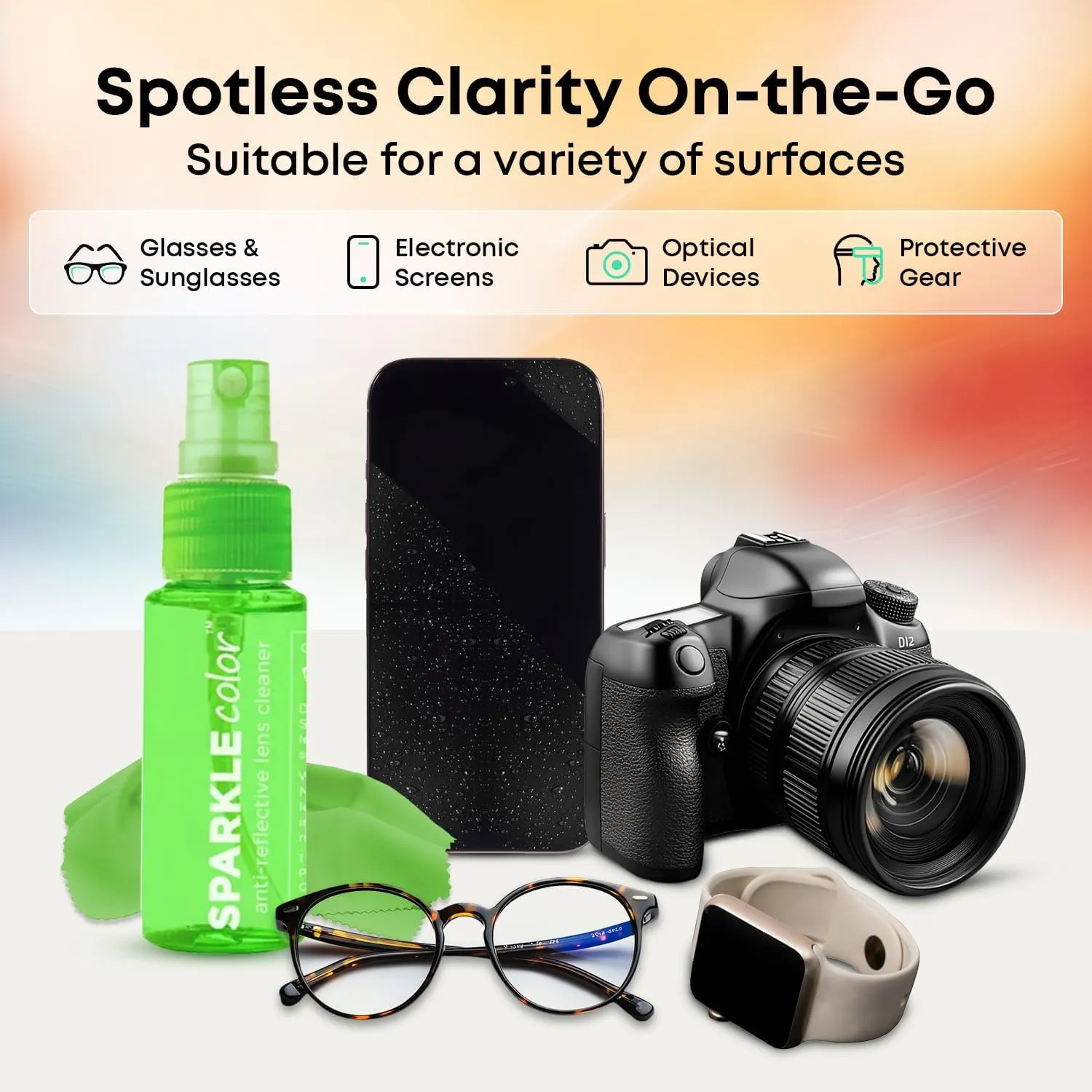 Sparkle Anti-Reflective Safe Lens Cleaner Spray Kit - (2) 1oz Glasses Cleaner Bottle & (2) Microfiber Cloth for Eyeglasses, Sunglasses, Lenses, Screens and Camera Cleaning Kit (4 Piece Set)