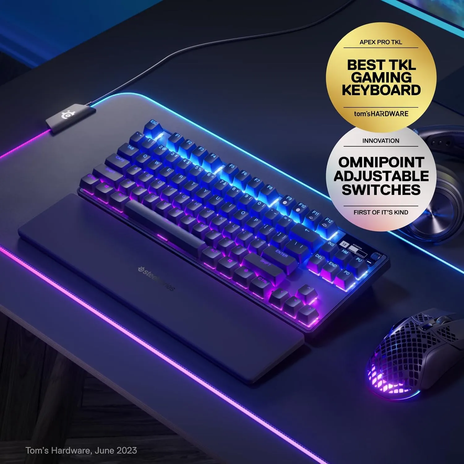 SteelSeries Apex Pro TKL Wireless HyperMagnetic Gaming Keyboard  Esports Tenkeyless  OLED Screen  Adjustable Actuation  PBT Keycaps  Bluetooth  2.4GHz  USB-C