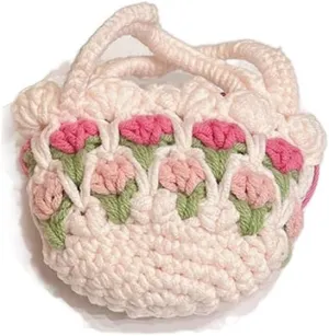 Storage Bag Case for Headphone, Knitting Bag Crochet Earbud Storage Bag, Floral Knit Earphone Organizer Carrying Case Small Storage Bag, pink