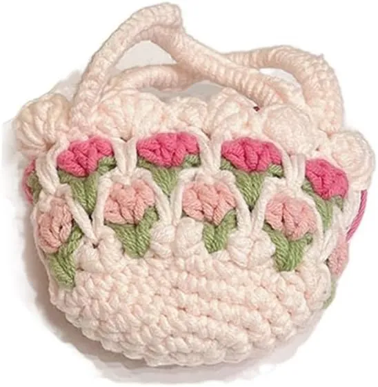 Storage Bag Case for Headphone, Knitting Bag Crochet Earbud Storage Bag, Floral Knit Earphone Organizer Carrying Case Small Storage Bag, pink