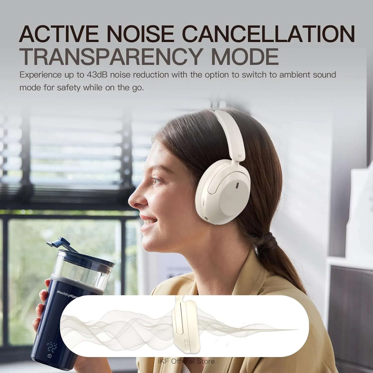 T3 Wireless Bluetooth Over-Ear Headphones, 43dB Active Noise Cancelling, HiFi Sound with 3 EQ Modes, 125H Playback, Ambient Sound Mode, USB Wired Audio, Foldable Comfortable Design (Offwhite)