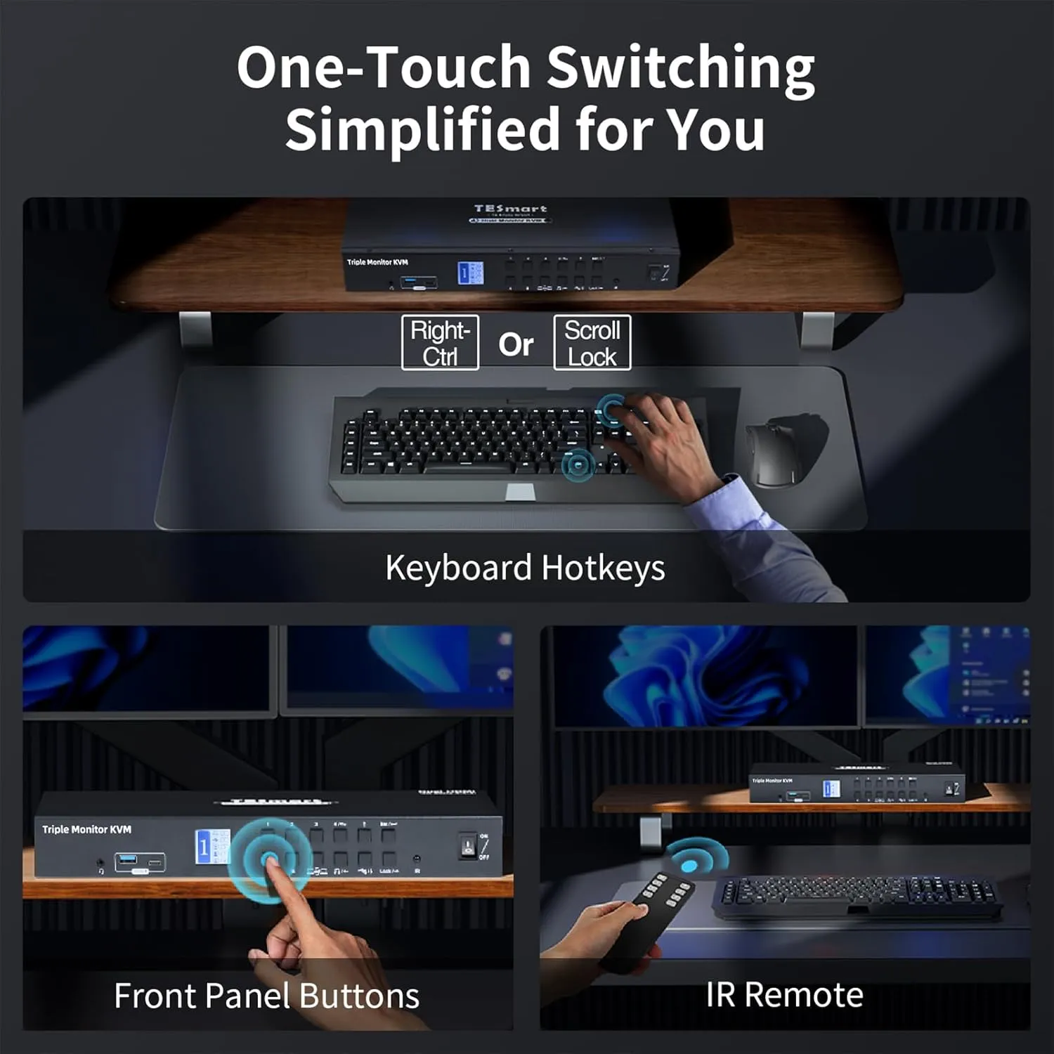 TESmart USB 3.0 HDMI DP USB C KVM Switch 3 Monitors 4 Computers 4K@60Hz, 4 Port Triple Monitor KVM Switch Built-in Docking Station, Headset,MST, EDID emulators, Hotkey Switch, Wired Network, Rack-Ears