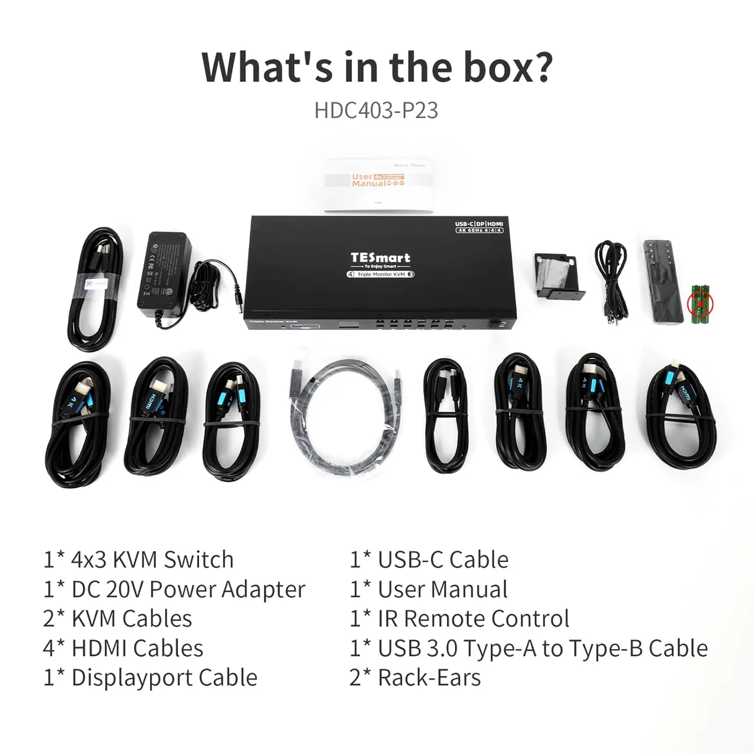 TESmart USB 3.0 HDMI DP USB C KVM Switch 3 Monitors 4 Computers 4K@60Hz, 4 Port Triple Monitor KVM Switch Built-in Docking Station, Headset,MST, EDID emulators, Hotkey Switch, Wired Network, Rack-Ears