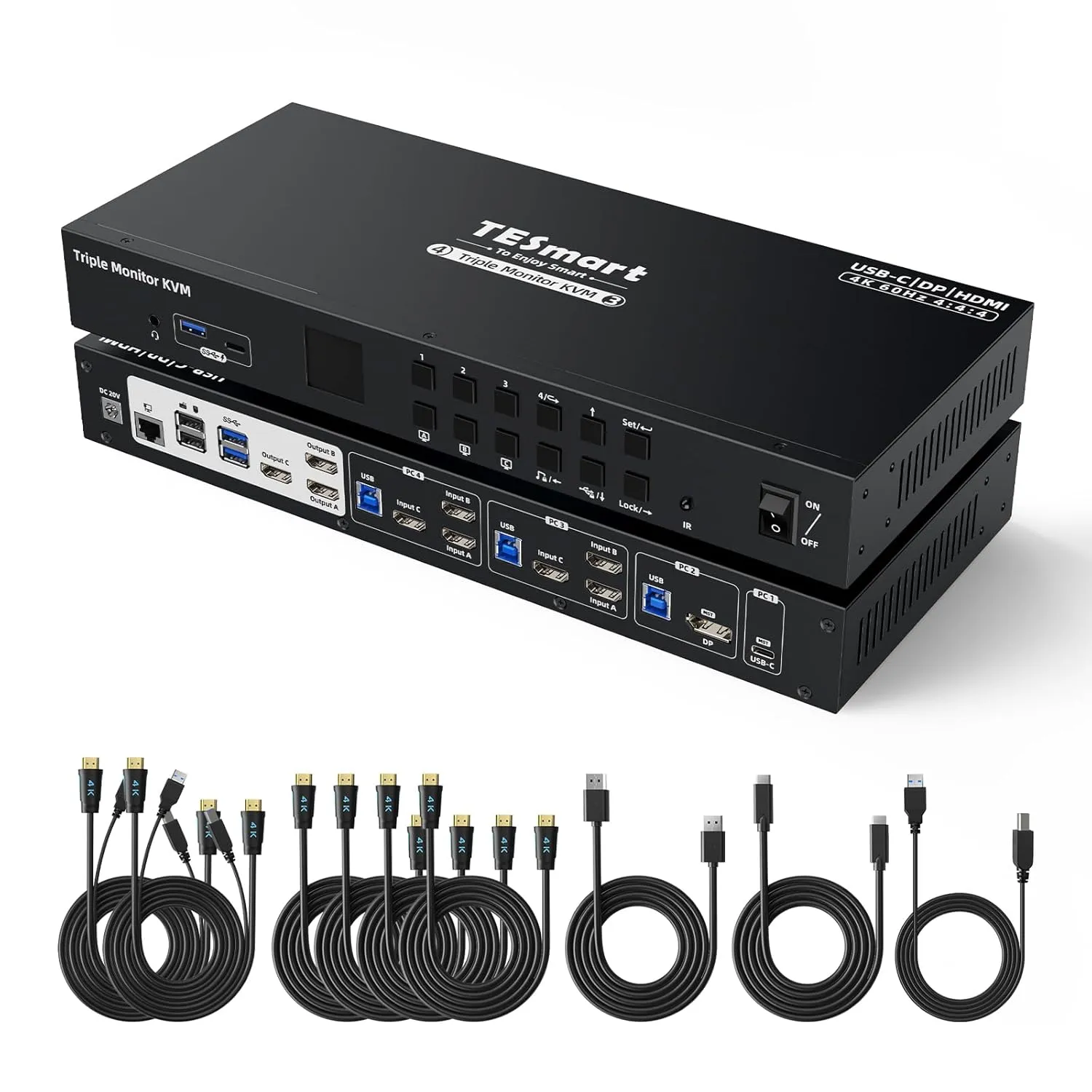 TESmart USB 3.0 HDMI DP USB C KVM Switch 3 Monitors 4 Computers 4K@60Hz, 4 Port Triple Monitor KVM Switch Built-in Docking Station, Headset,MST, EDID emulators, Hotkey Switch, Wired Network, Rack-Ears